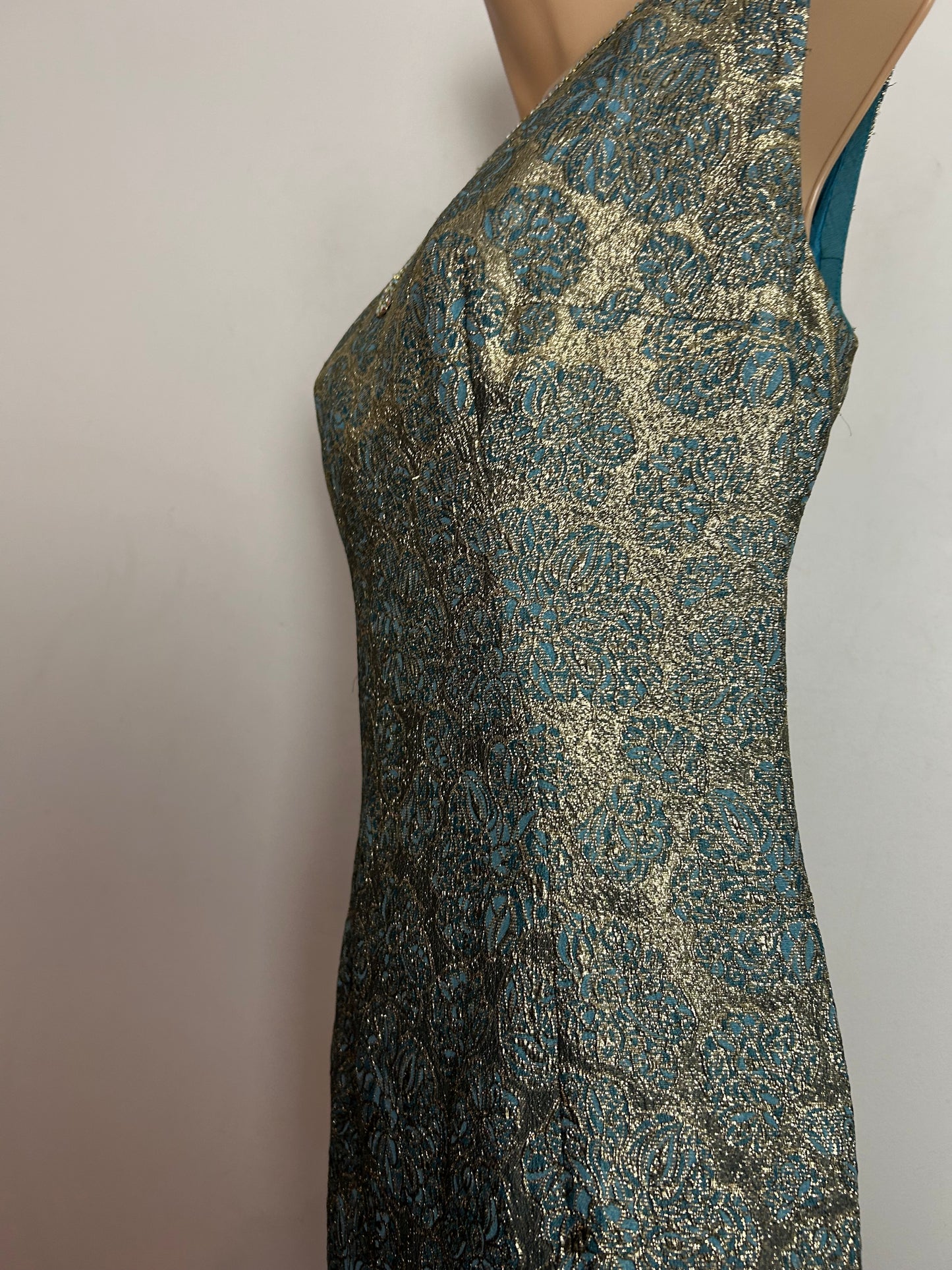Vintage 1960s UK Size 14 Gold & Blue Lurex Brocade Diamante Embellished Party Mod Shift Dress