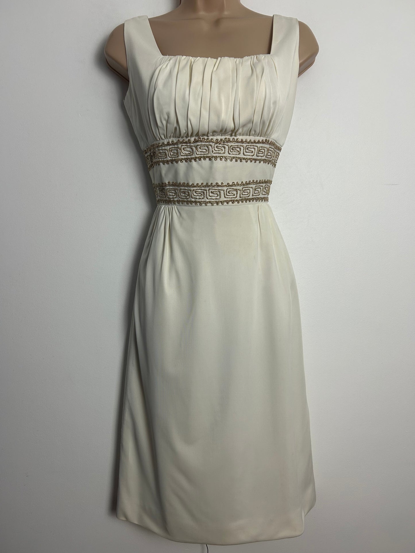 Vintage Early 1960s BLANES Size 6-8 Cream & Gold Greek Key Braid Pattern Summer Occasion Party Dress