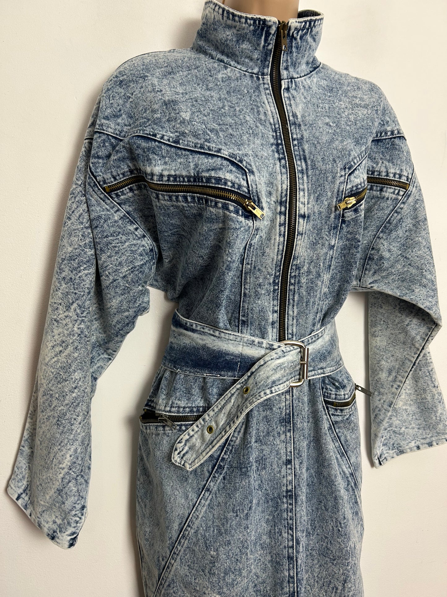 Vintage 1980s RARE ST DENIS UK Size 12 Acid Wash Blouson Style Zip Pocket Belted Deni Dress