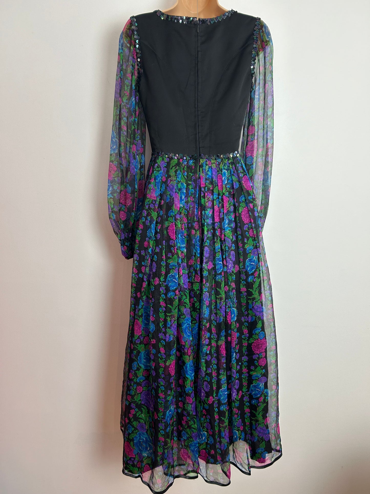 Vintage 1970s UK Size 6 Black Pink Blue & Purple Floral Print Sequin Detail Long Sleeve Pleated Boho Maxi Dress