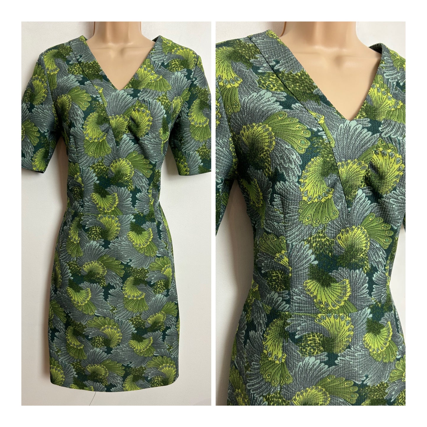 Vintage 1960s UK Size 8 Green Tones Floral Print Short Sleeve Mod Dress