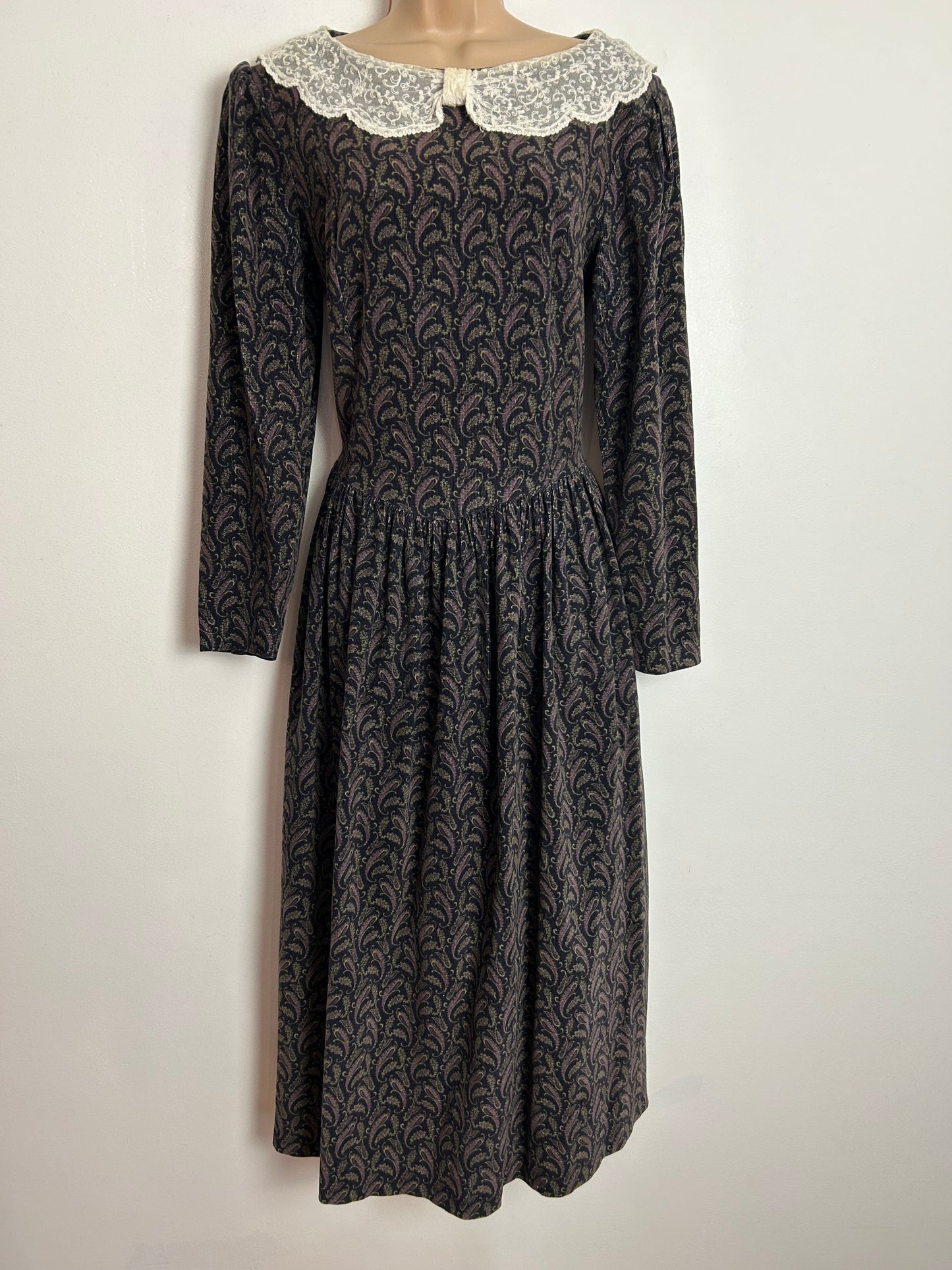 Vintage 1980s LAURA ASHLEY UK Size 12 (Size 14 On The Label) Black Purple & Green Paisley Needlecord Lace Collar Midi Dress