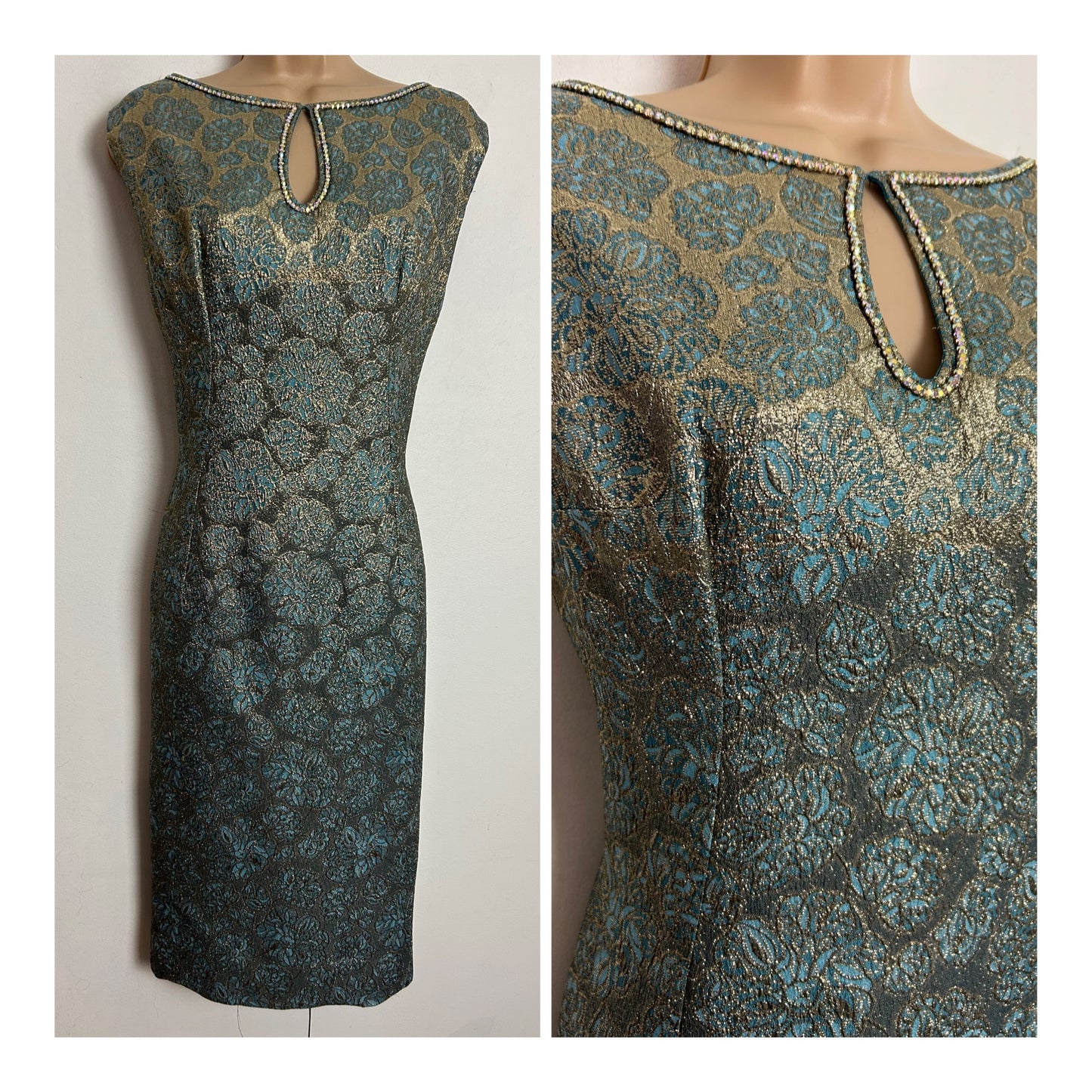Vintage 1960s UK Size 14 Gold & Blue Lurex Brocade Diamante Embellished Party Mod Shift Dress