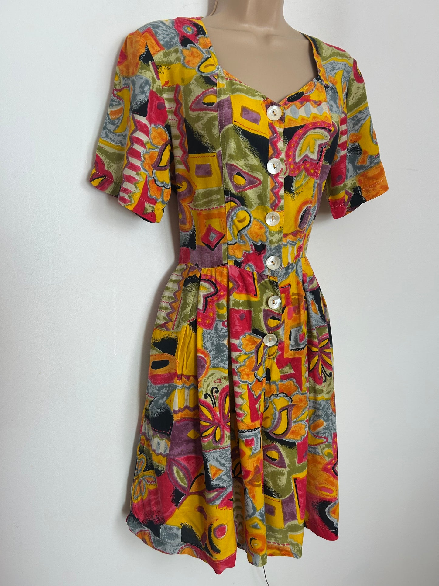 Vintage 1980s RENE DERHY Size 8 (Small) Yellow Orange Pink & Purple Abstract Print Cute Romper Playsuit