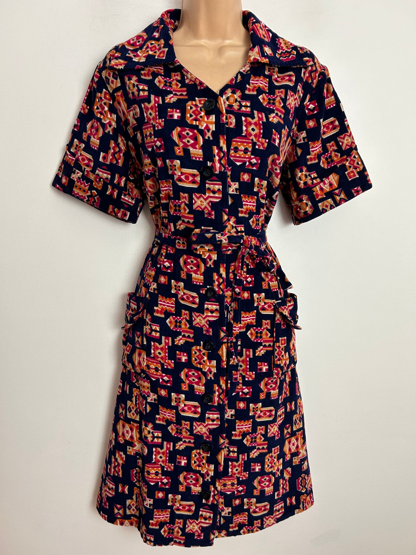 Vintage 1970s UK Size 16 Navy Blue Orange & Red Abstract Geo Print Corduroy Short Sleeve Belted Mod Dress