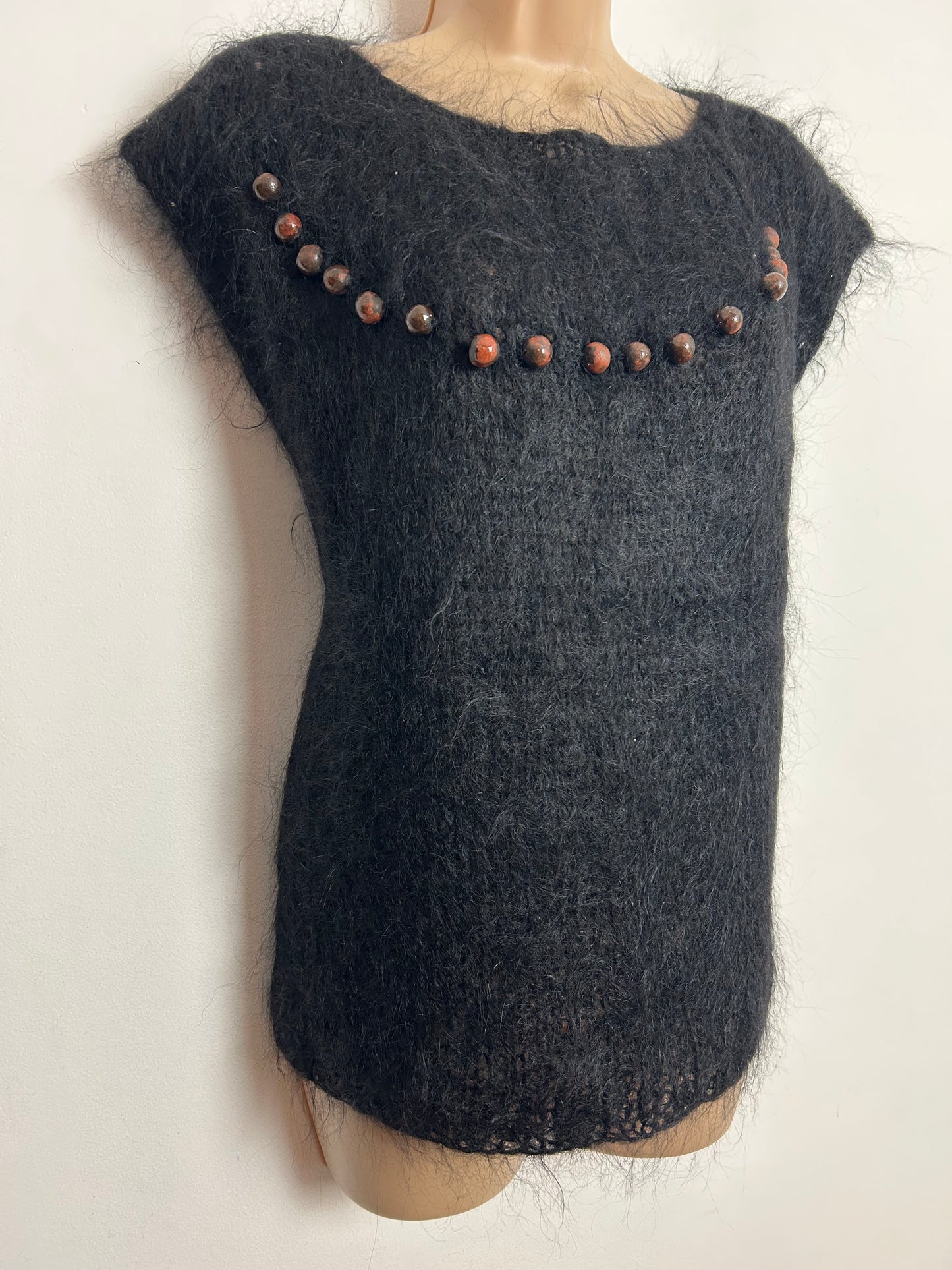 Vintage 1980s Up To Size 16 Black Mohair Jumper With Wooden Bead Detailing