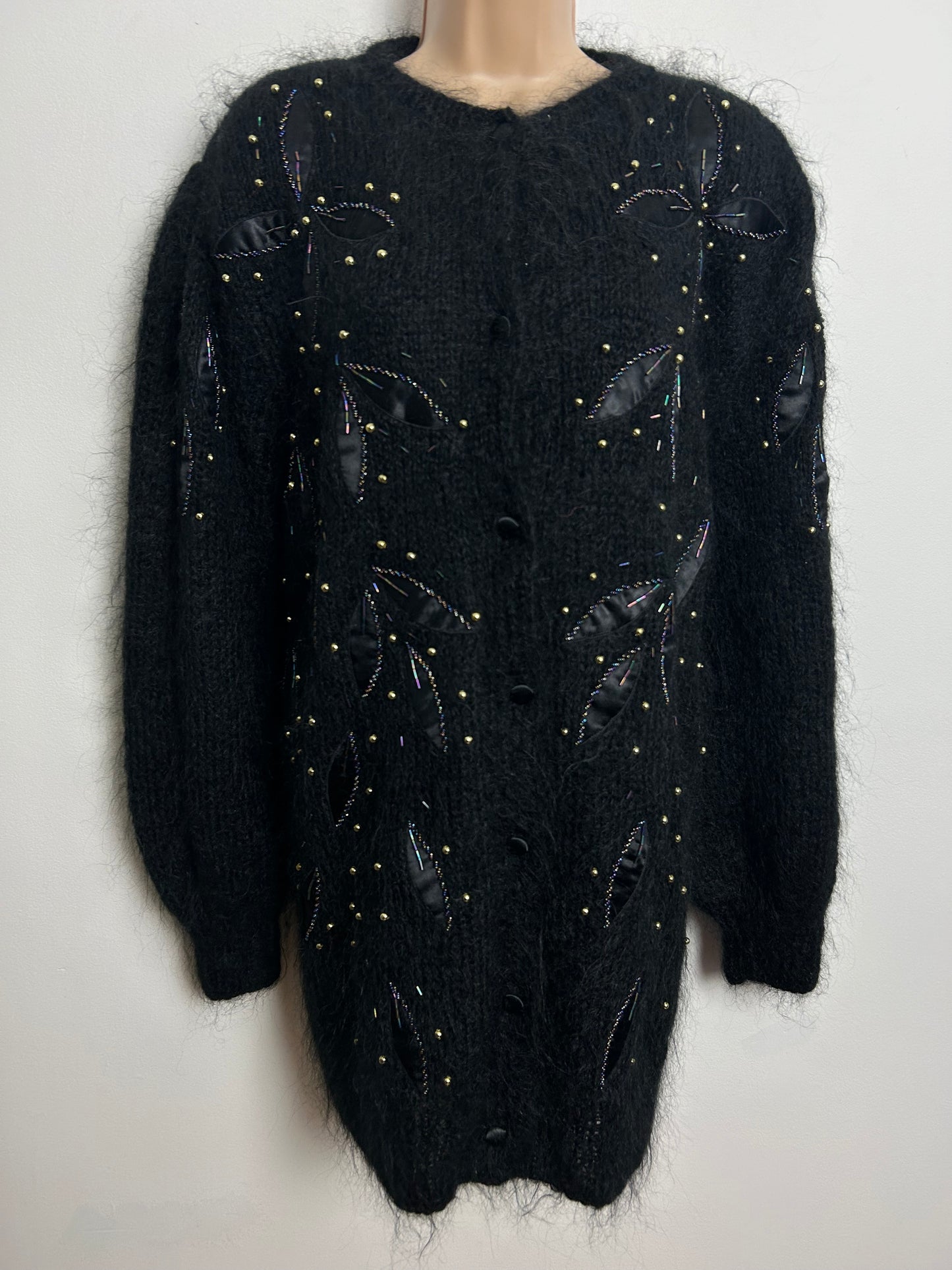 Vintage 1980s Up To Size 18 Black Mohair & Wool mix Satin & Bead Floral Applique Detail Fully Lined Cardigan