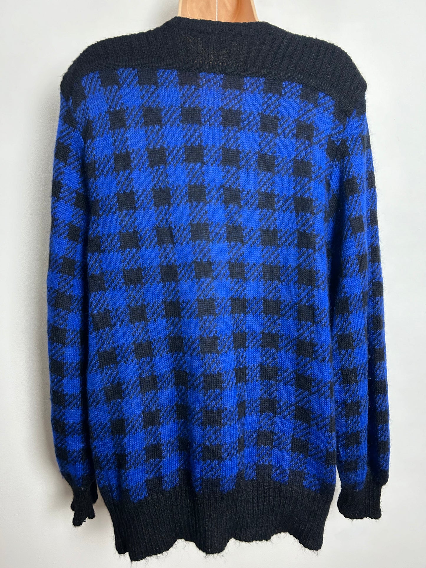 Vintage 1980s One Size Slouchy Blue & Black Check Pattern Superkid Mohair Mix Long Sleeve Cardigan