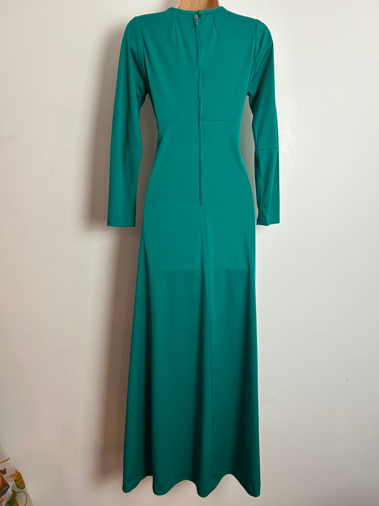 Vintage 1970s QUAD UK Size 6-8 Jade Green Ruched Bodice Long Sleeve Maxi Dress