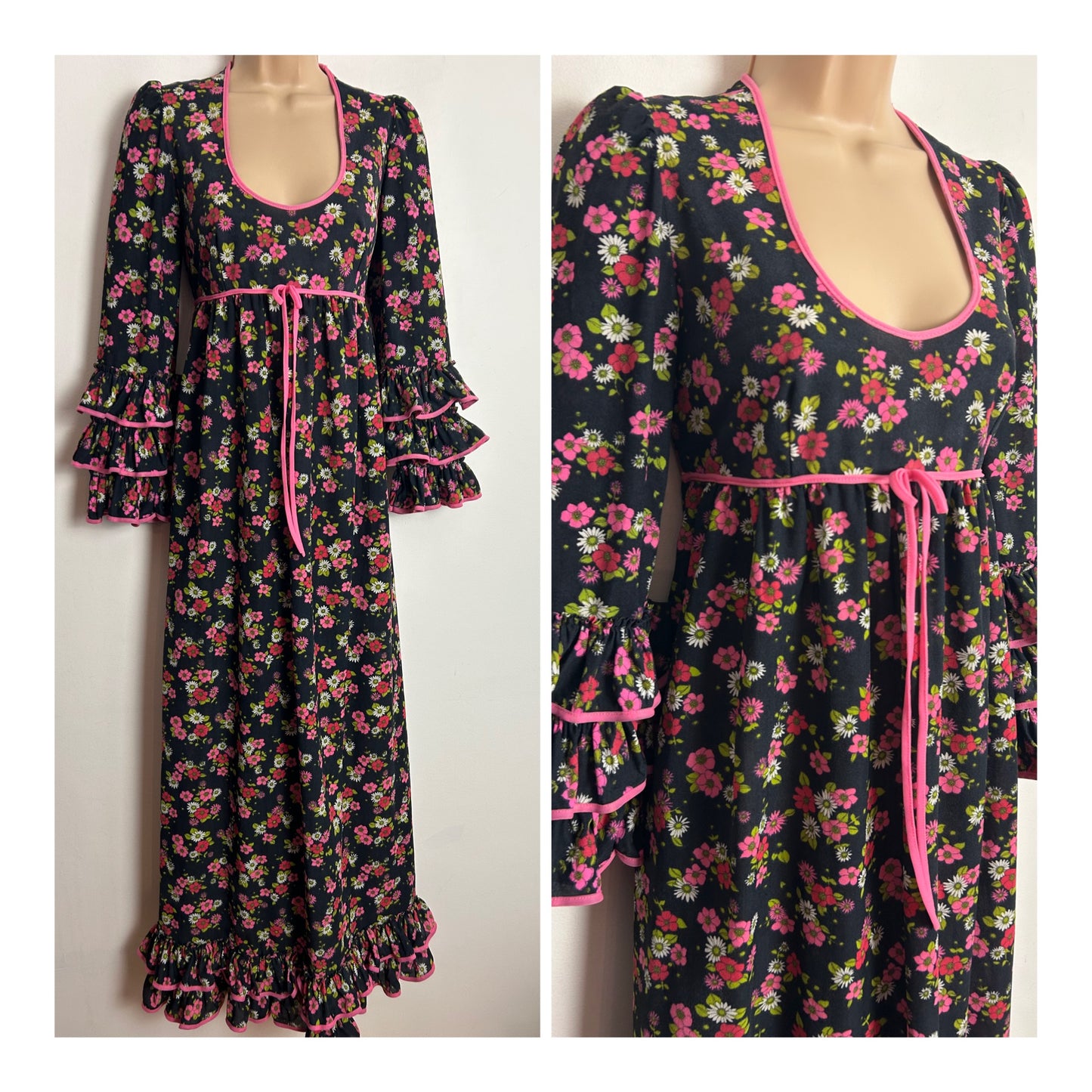 Vintage 1970s UK Size 10 Black & Pink Floral Print Long Sleeve Boho Maxi Dress