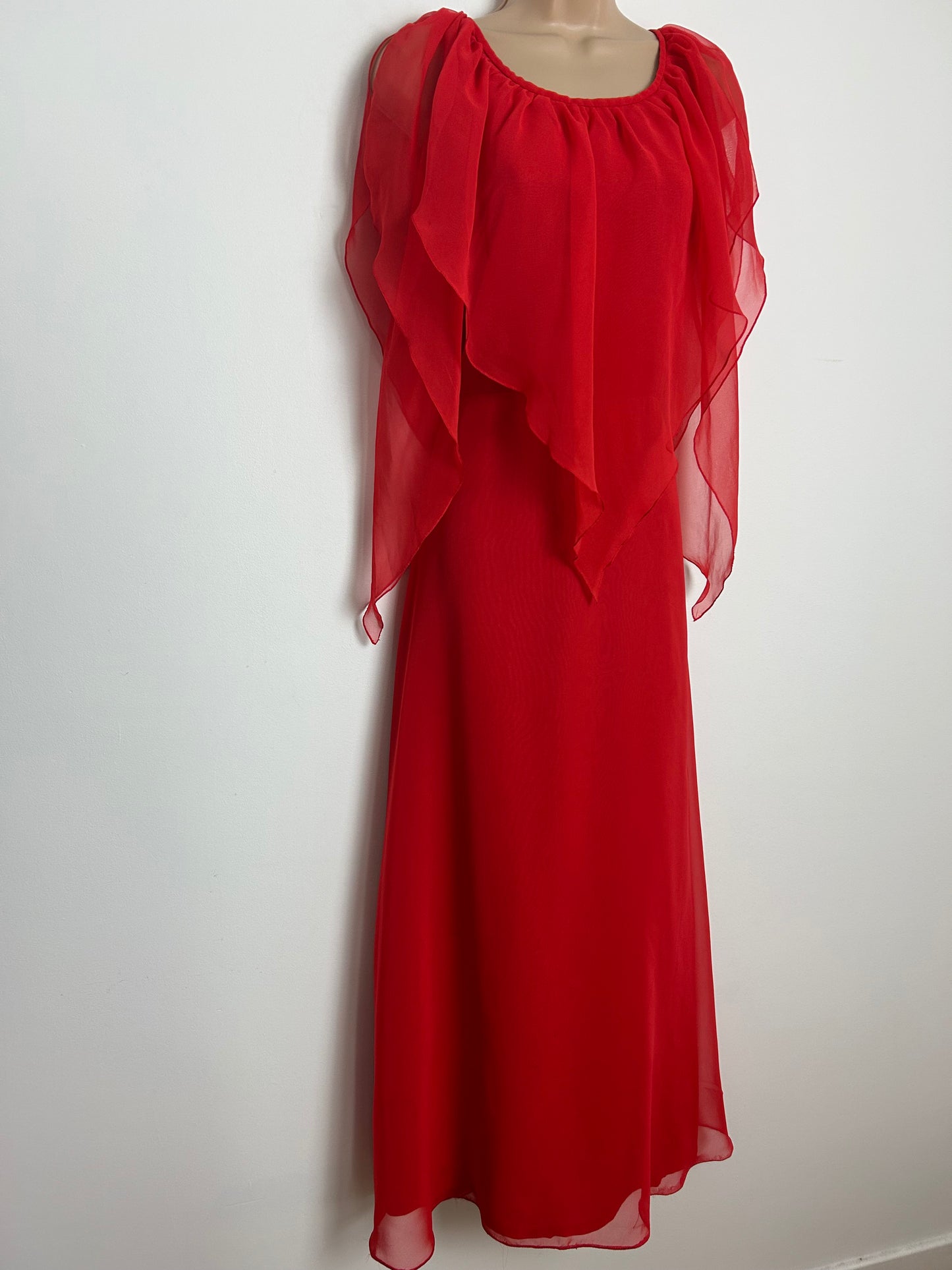 Vintage 1970s DEBENHAMS Size 12 Red Chiffon Split Floaty Sleeve Layered Occasion Maxi Dress