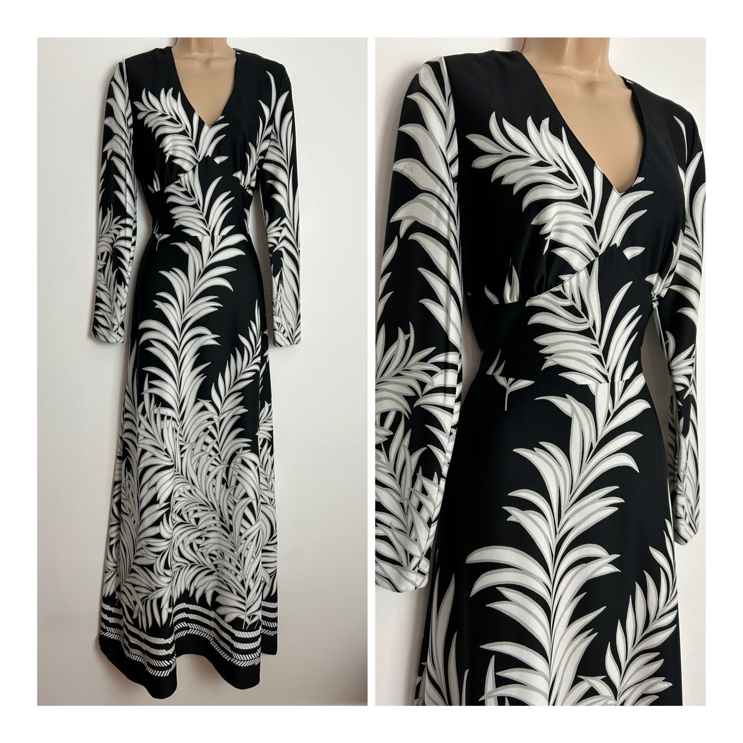 Vintage 1970s UK Size 12 Gorgeous Black & White Leaf Print Long Sleeve Tie Back Maxi Dress