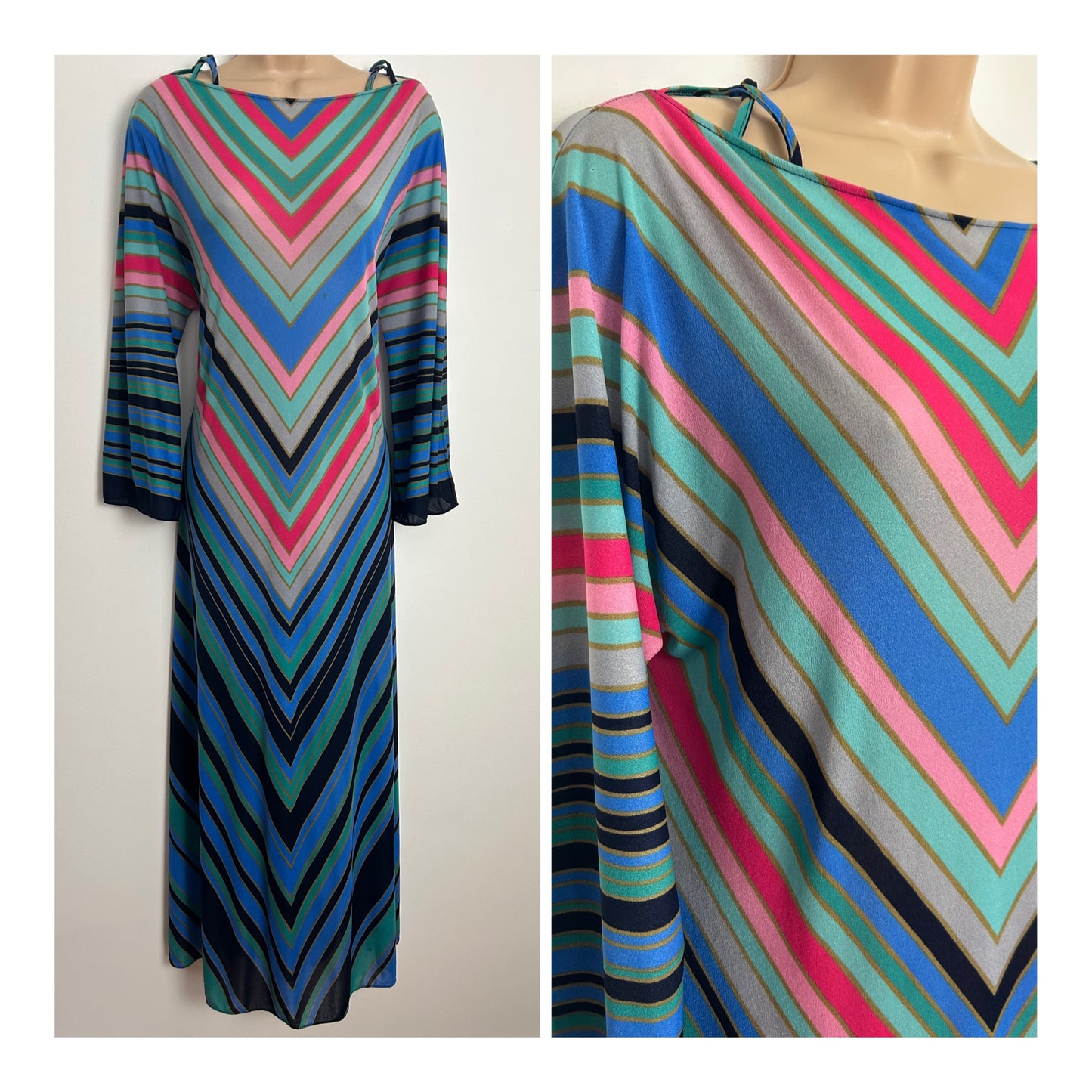 Vintage 1970s POMPADOUR Up To Size 12 Blue Pink Mint Green Chevron Stripe 3/4 Sleeve Criss Cross Strap Kaftan Style Maxi Dress