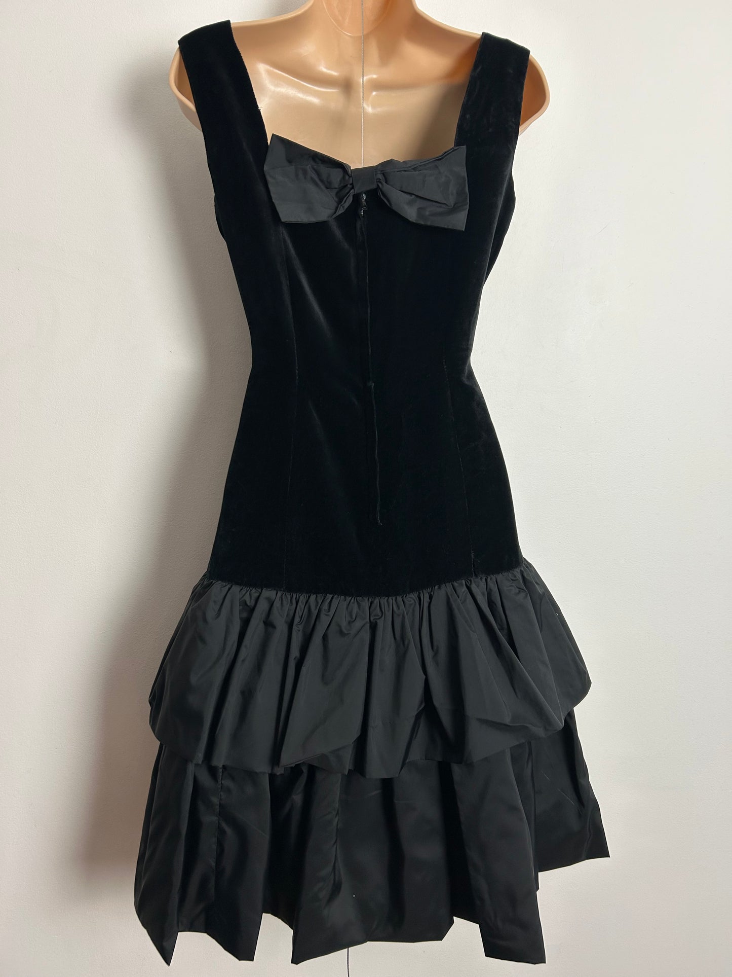 Vintage 1960's DEMI DRESS UK Size 8 Black Velvet & Acetate Bow Back Fitted Wiggle Party Dress