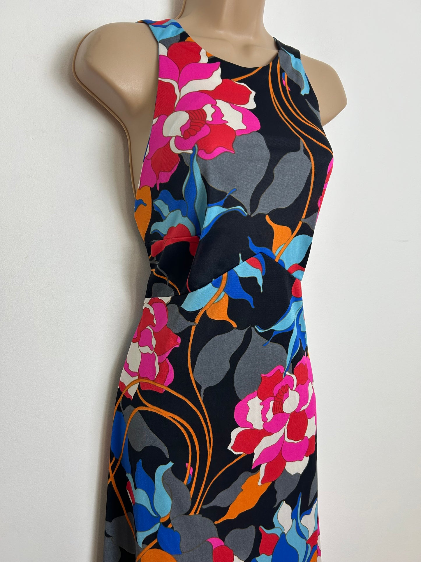 Vintage 1970s JOBI Size 10 Black Pink Blue & Orange Floral Print Maxi Dress