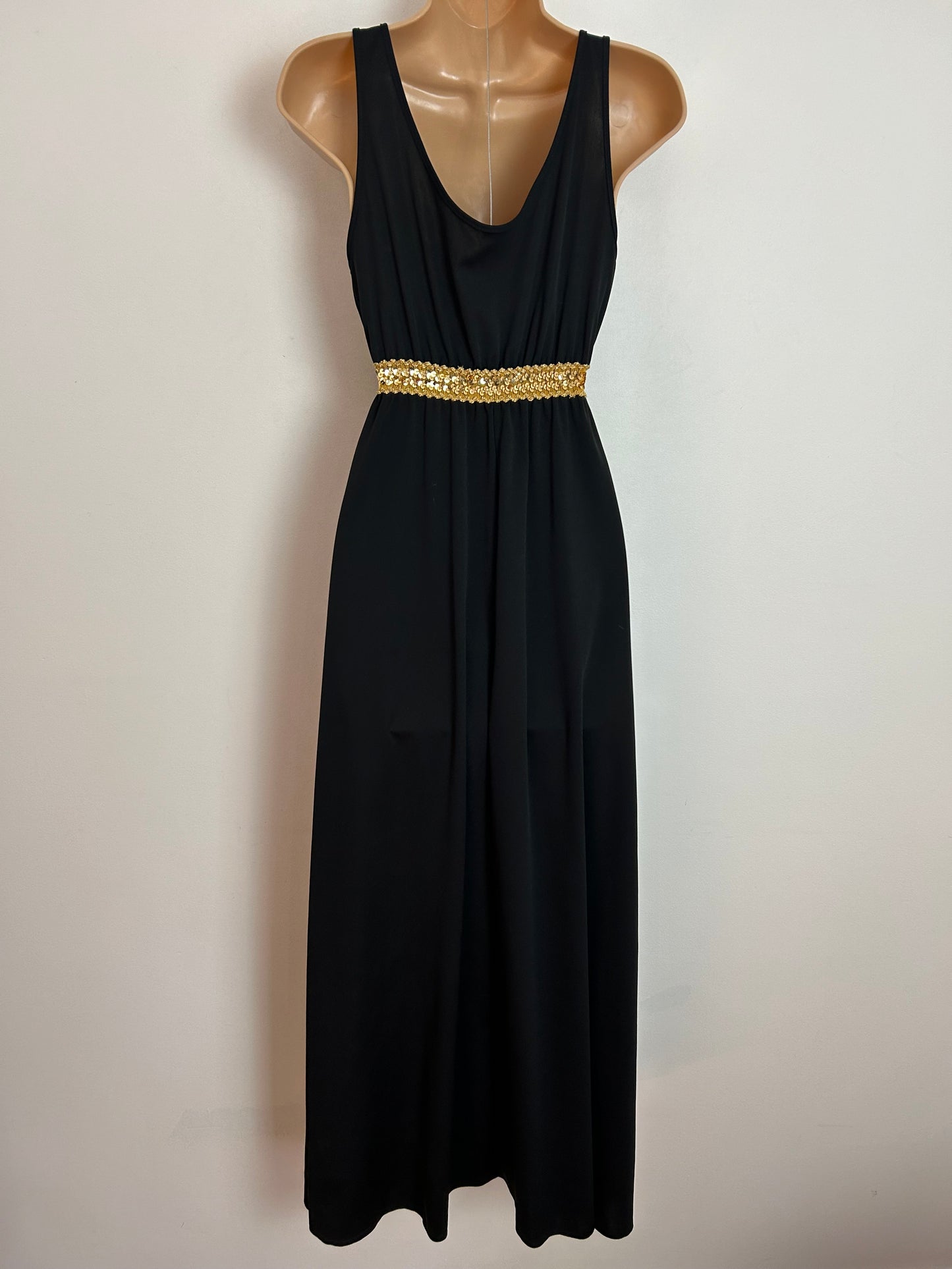 Vintage 1970s UK Size 6-8 Black Plunging V-Neckline Pull Tie Cut Put Detail Gold Sequin Detail Evening Maxi Dress