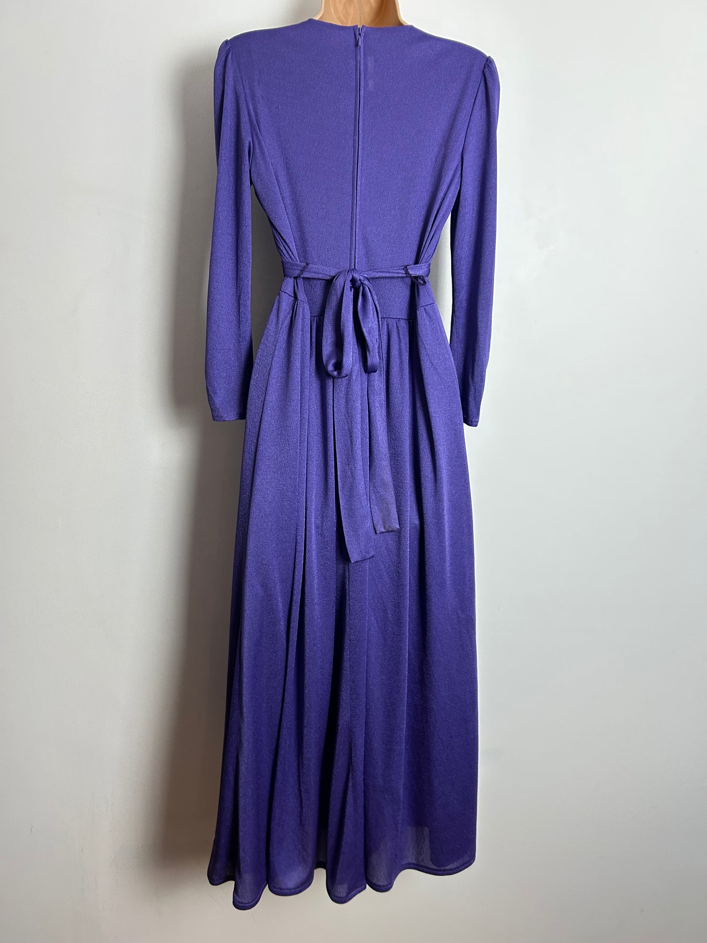 Vintage 1970s UK Size 8-10 Purple & Gold Sequin Trim Long Sleeve Tie Back Evening Maxi Dress