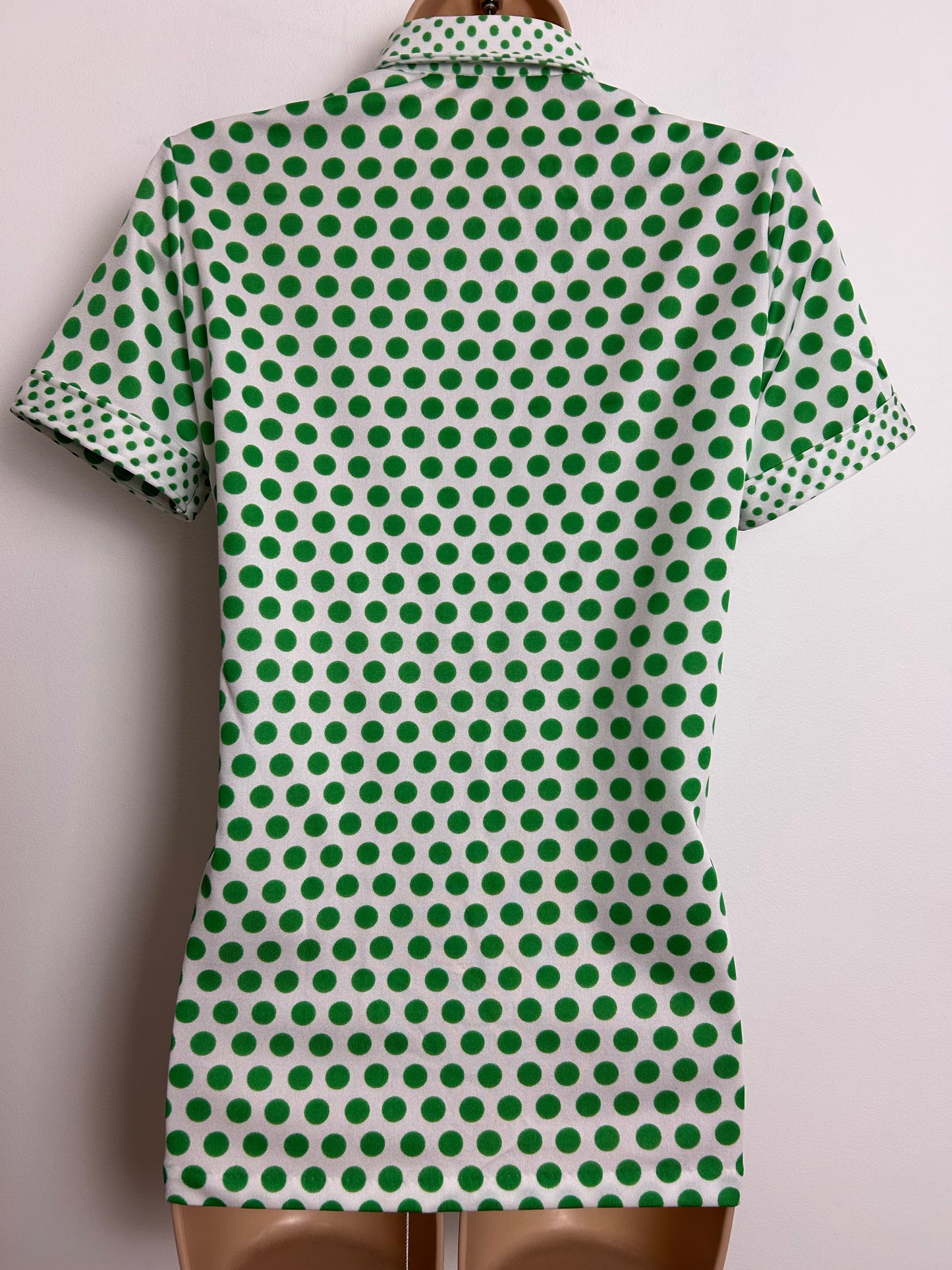 Vintage 1970s Size 12 White & Green Polka Dot Spotty Dagger Collar Short Sleeve Shirt