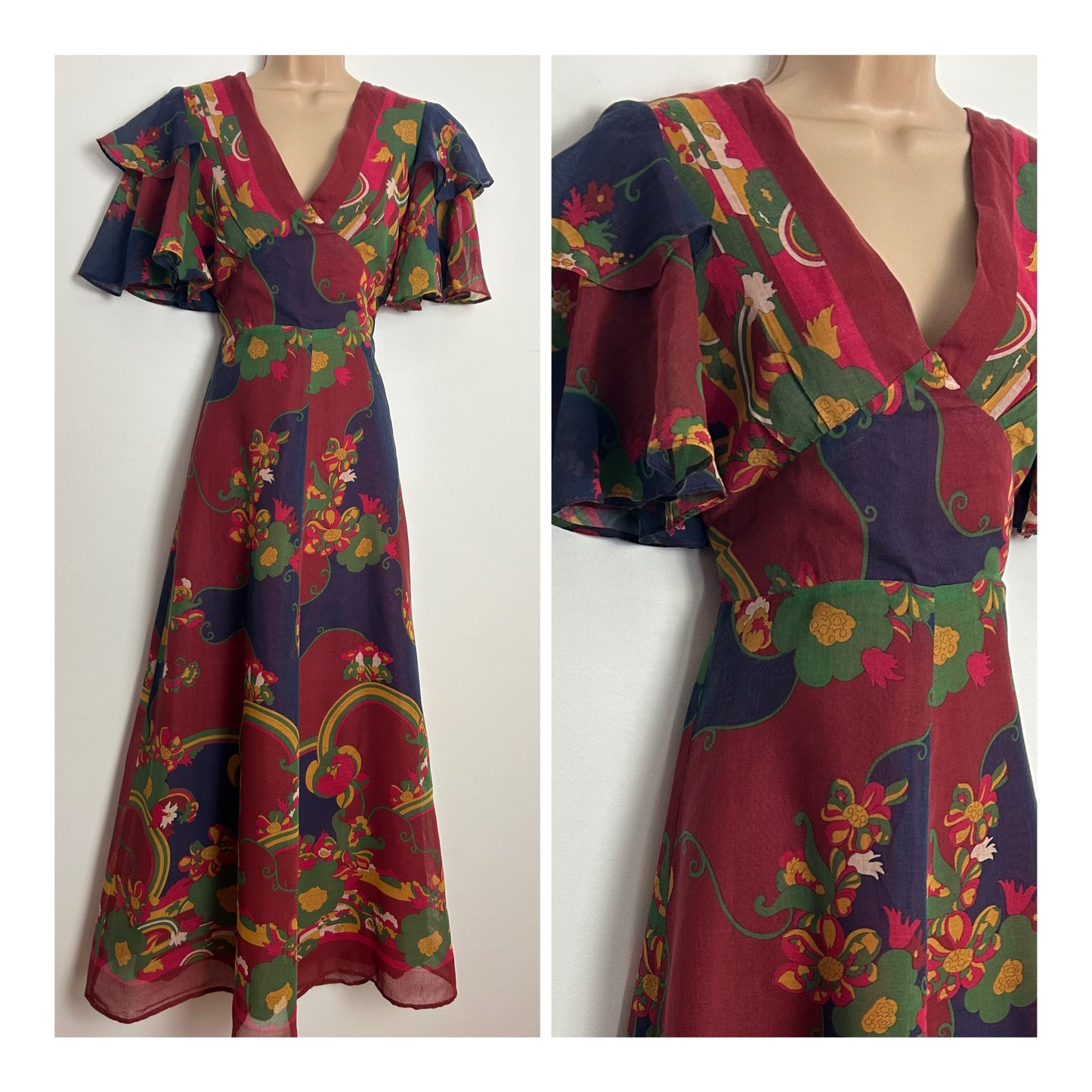 Vintage 1970s (SAMUEL) SHERMAN OF LONDON Size 8 Maroon Navy Blue & Green Floral Print Flutter Sleeve Maxi Dress