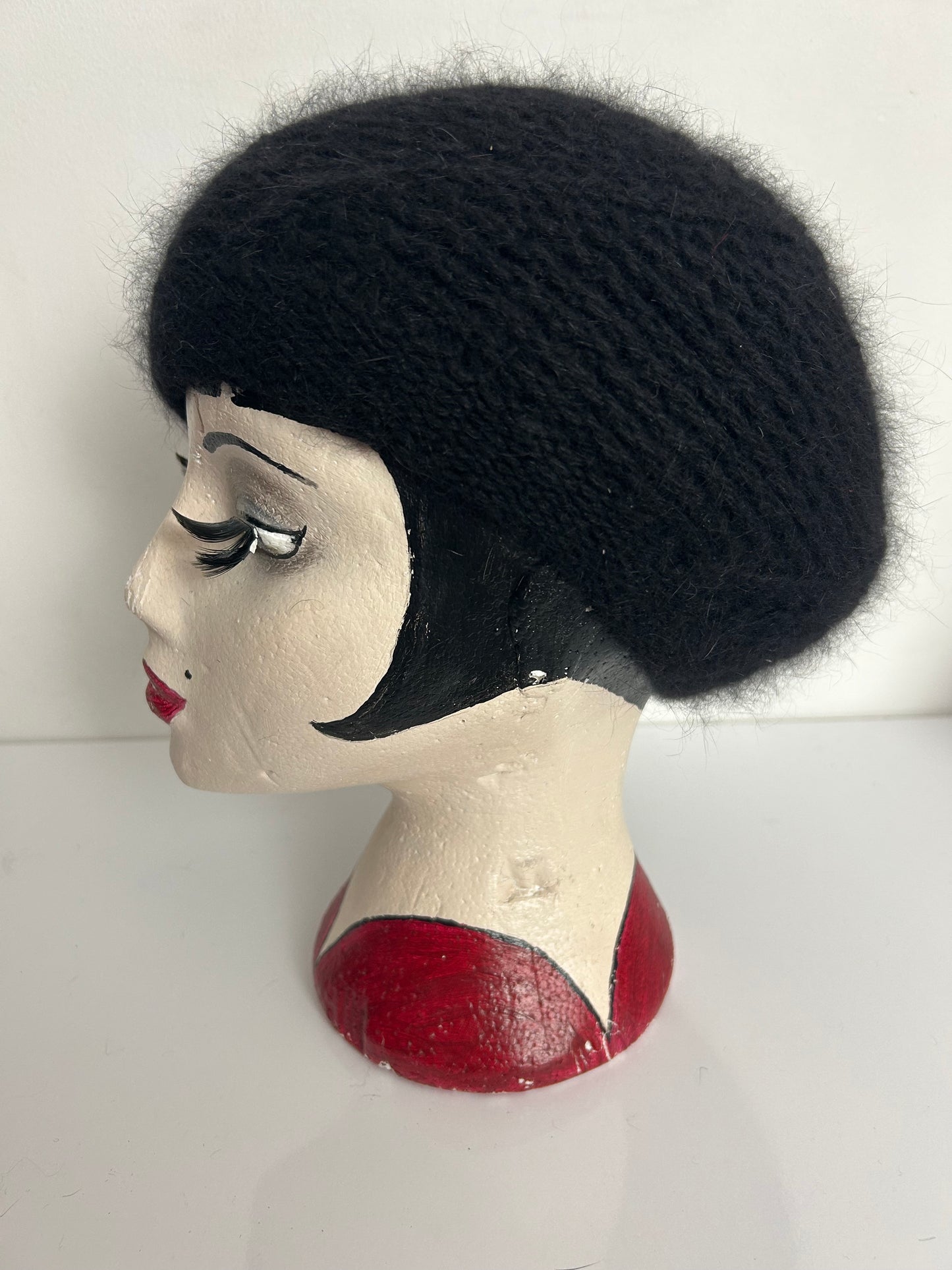 Vintage Black Angora Wool Mix Chunky Knitted Beret Hat