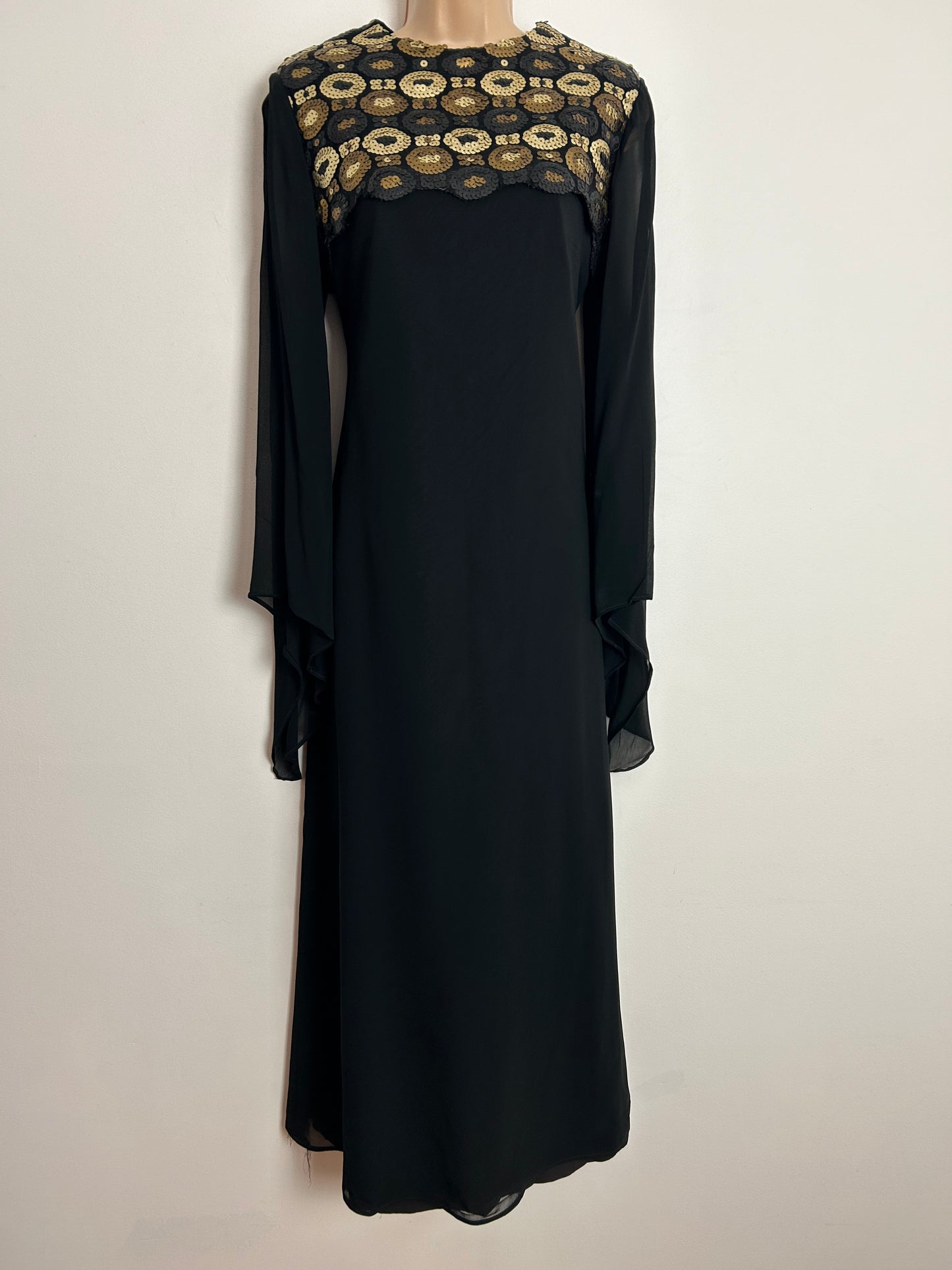 Vintage 1960s FRANK USHER UK Size 10 Black Chiffon Occasion Maxi Dress With Gold Bronze & Pewter Sequin Detailing