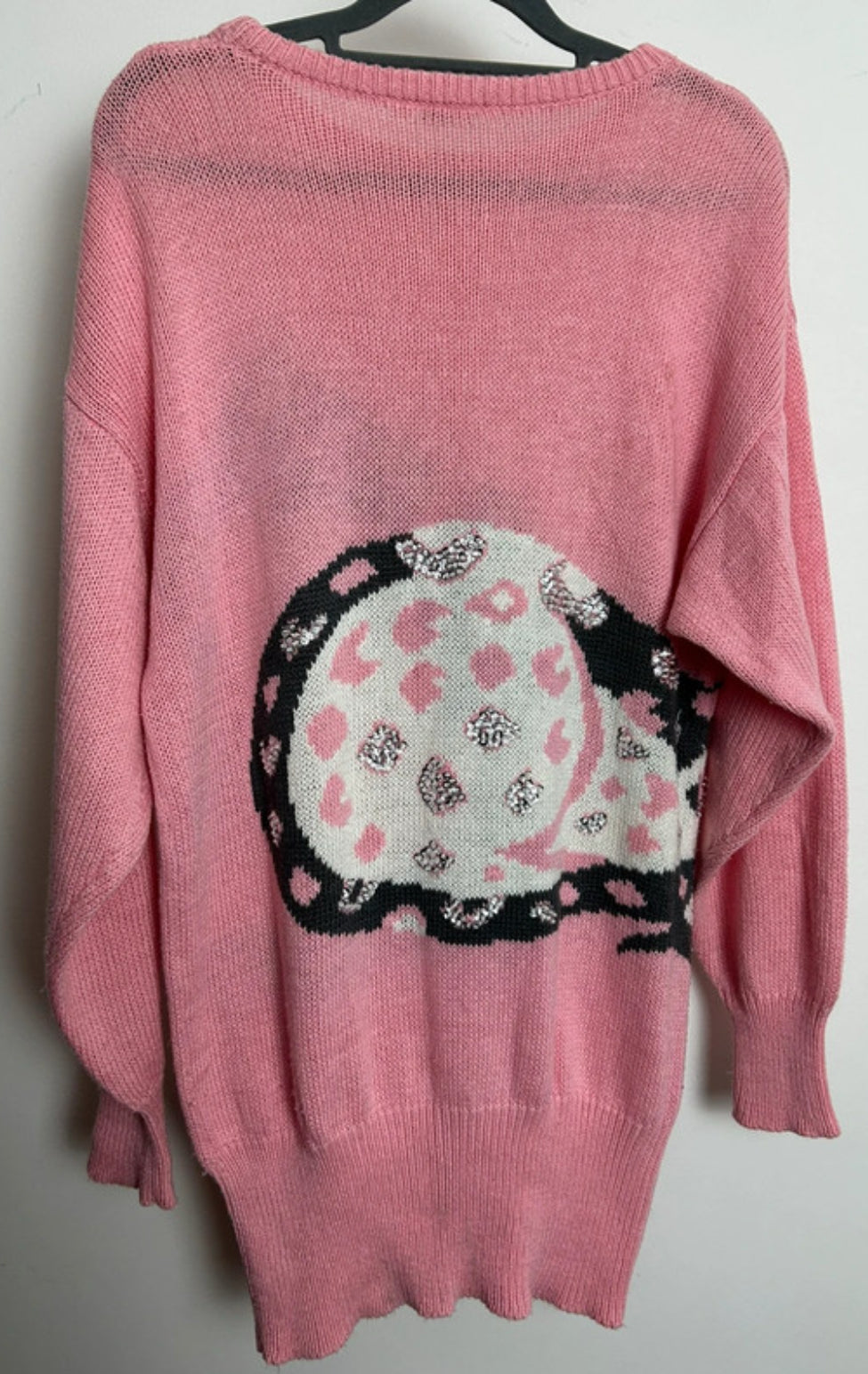 Vintage 1990s Size 12 Pink & Grey Bead & Sequin Embellished Leopard Novelty Print Jumper