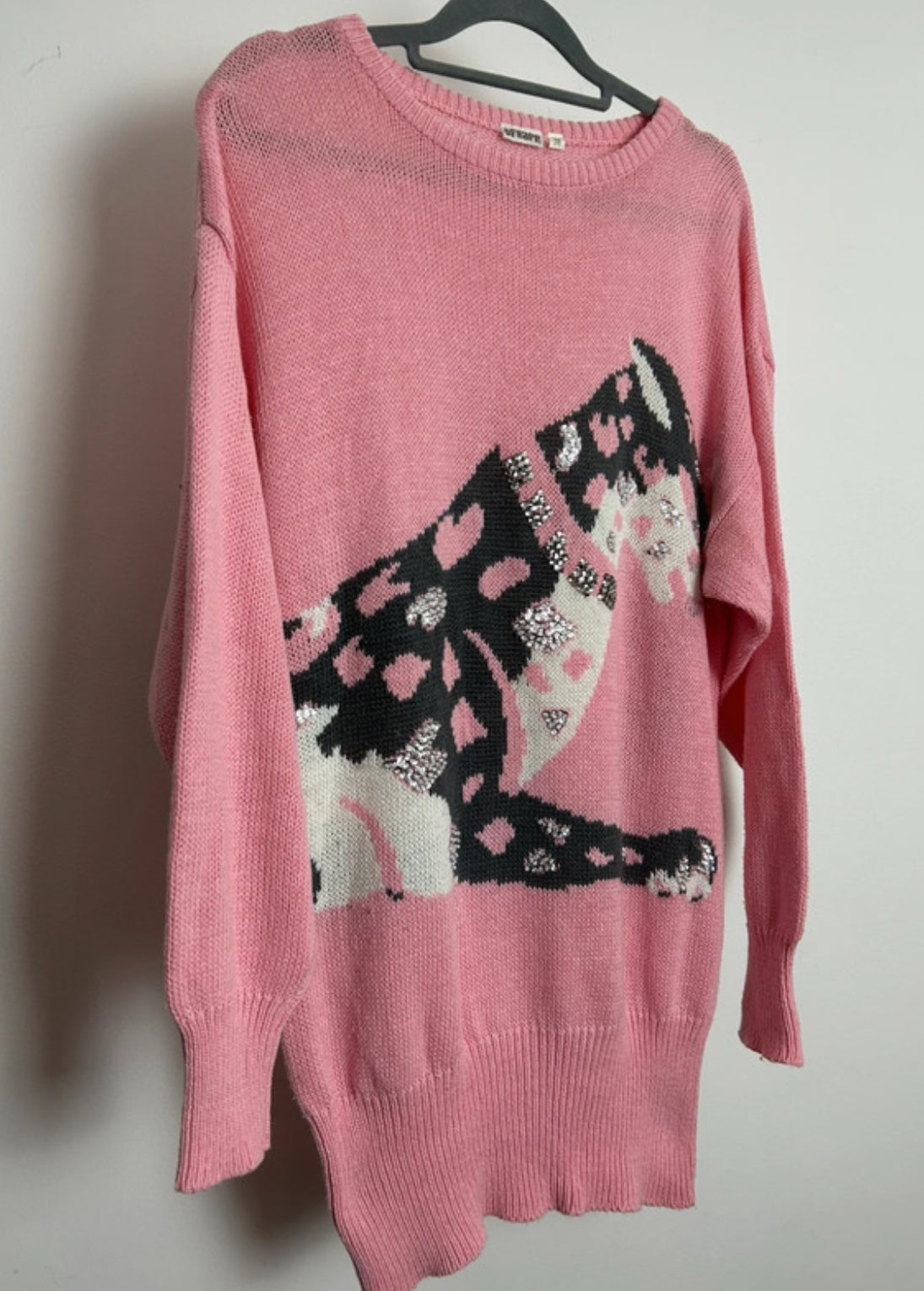 Vintage 1990s Size 12 Pink & Grey Bead & Sequin Embellished Leopard Novelty Print Jumper