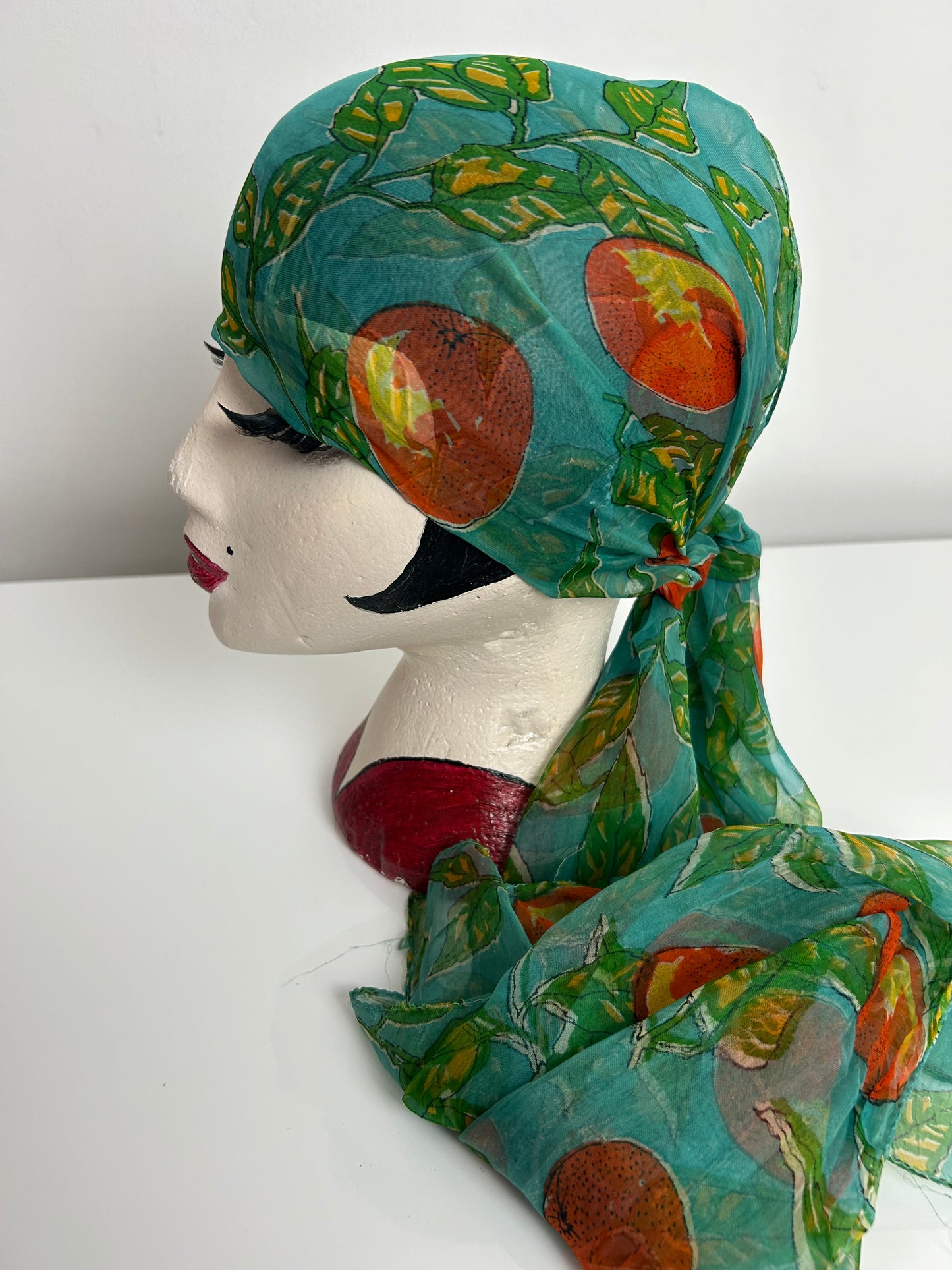 Vintage Turquoise Orange & Green Orange Fruit & Leaf Print Long Chiffon Scarf 103cm x 52cm