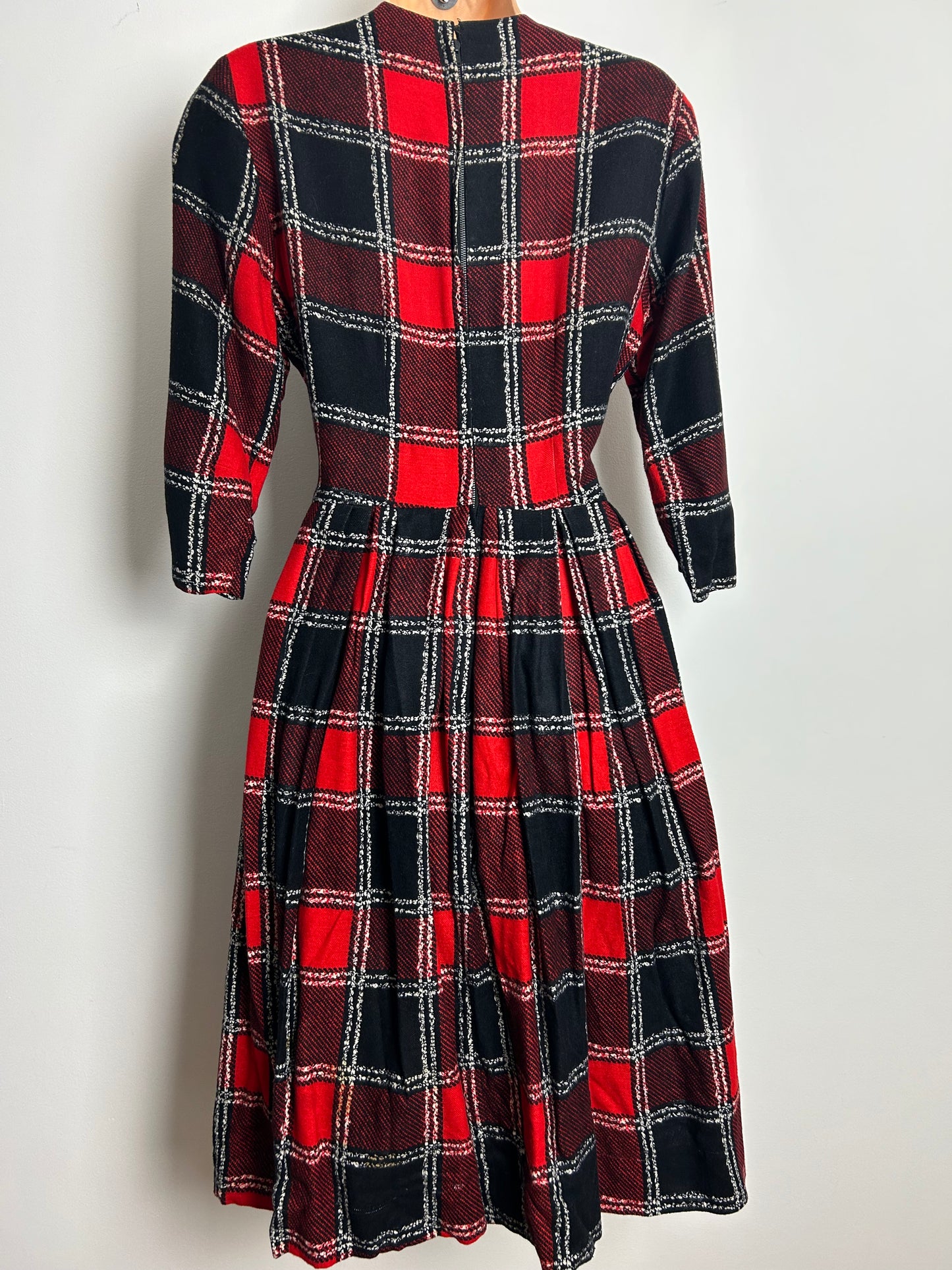 Vintage 1950s FAIMAN OF OXFORD Size 8-10 Red Black & White Check Print Wool Blend Long Sleeve Tassel Pleated Winter Dress