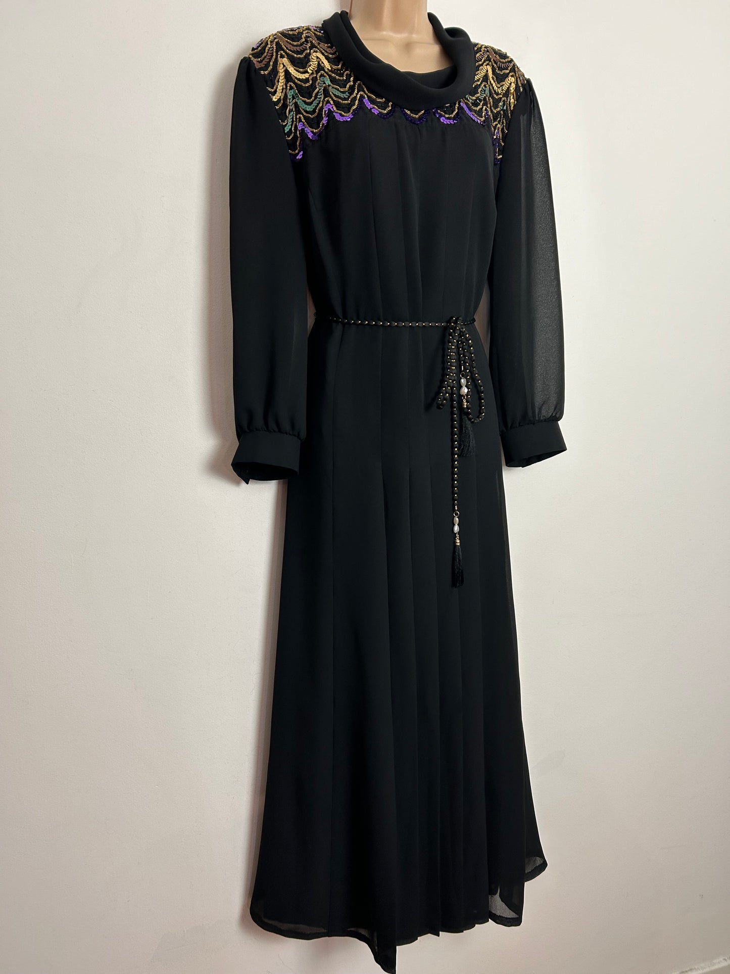 Vintage 1970s ESCO SPECIAL UK Size 16 Black Chiffon Gold & Purple Sequin & Braid Trim Belted Occasion Evening Maxi Dress