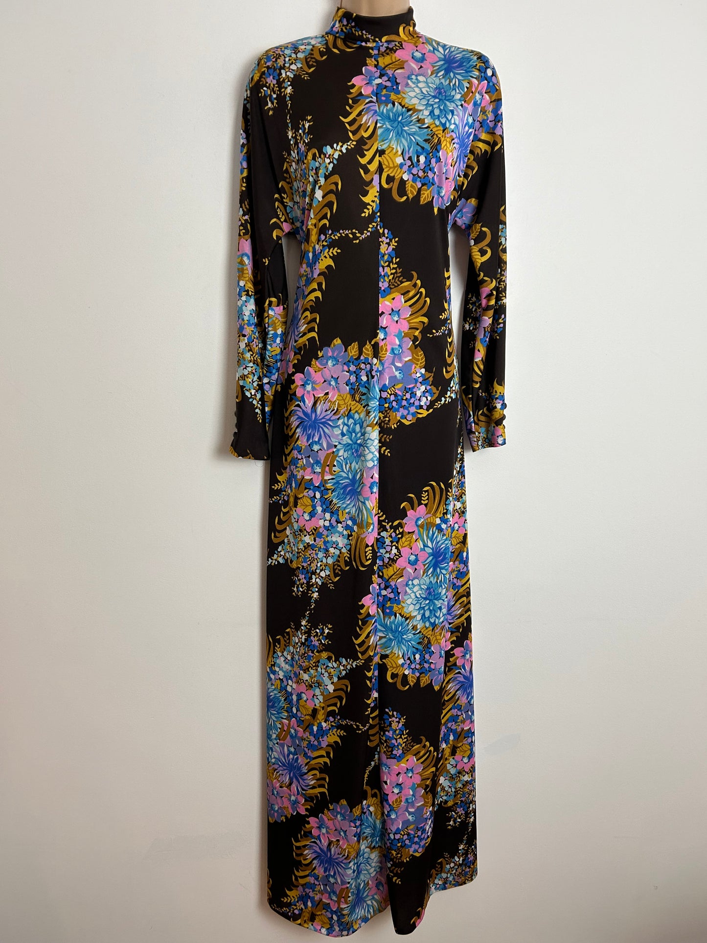Vintage 1970s VILEDA UK Size 8 Brown Blue & Pink Floral Print Roll Neck Long Sleeve Maxi Dress