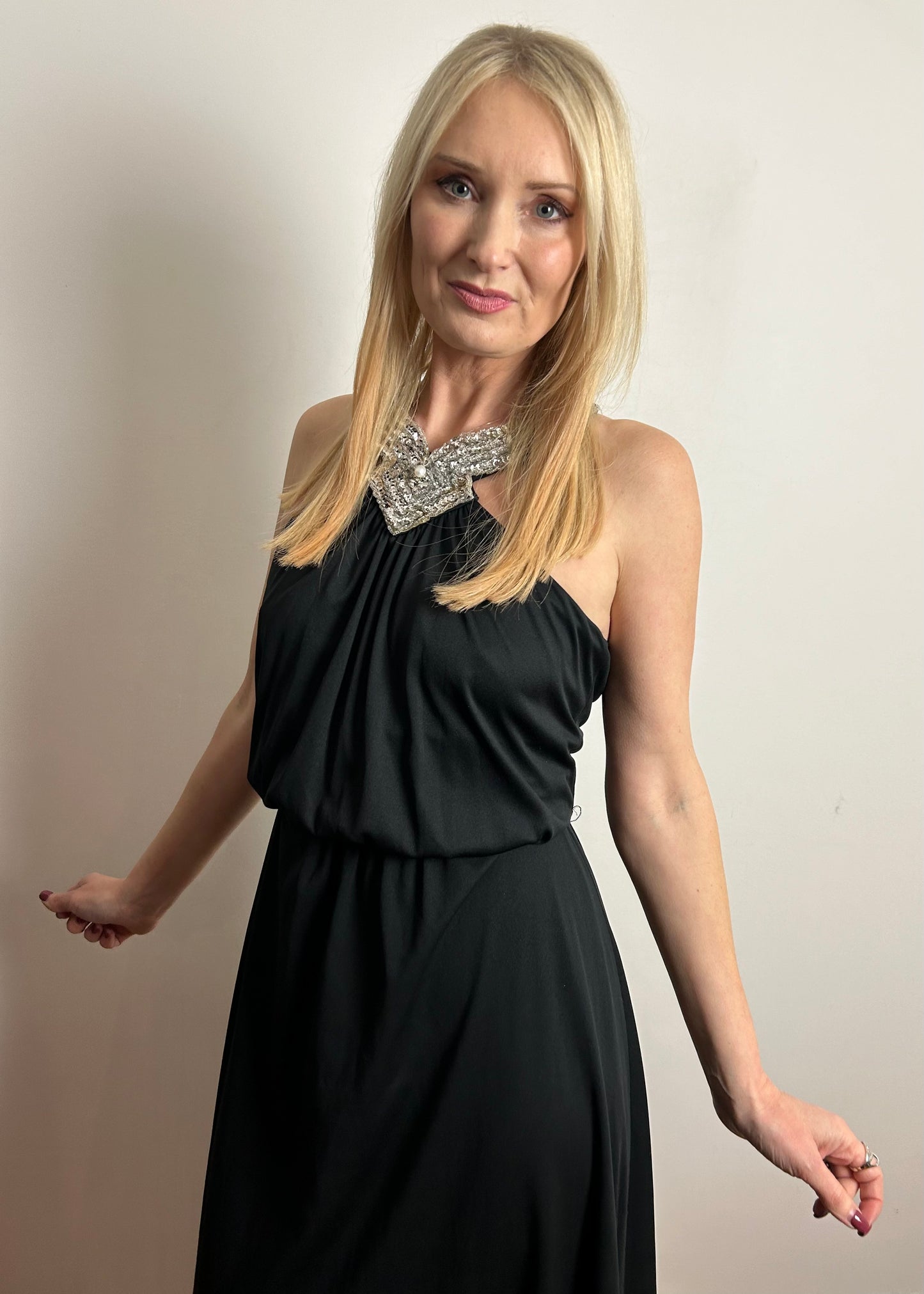 Vintage 1970s UK Size 10 Black Silver Sequin Halterneck Cage Back Evening Maxi Dress