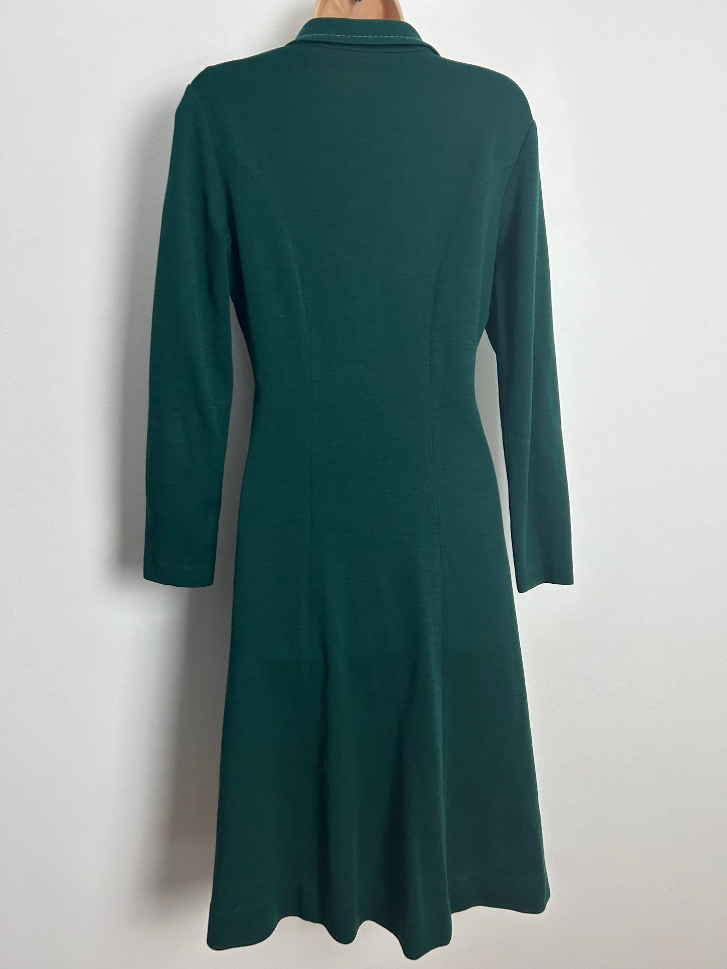 Vintage 1970s SPES PARIS UK Size 12 Forest Green Long Sleeve Jersey Mod Day Dress