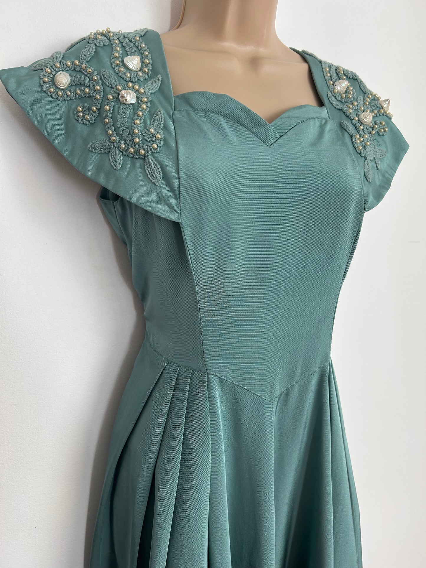 Vintage 1940s Size 10-12 Beautiful Duck Egg Blue Gaberdine Braid Bead & Shell Embellished Pleated Ballgown