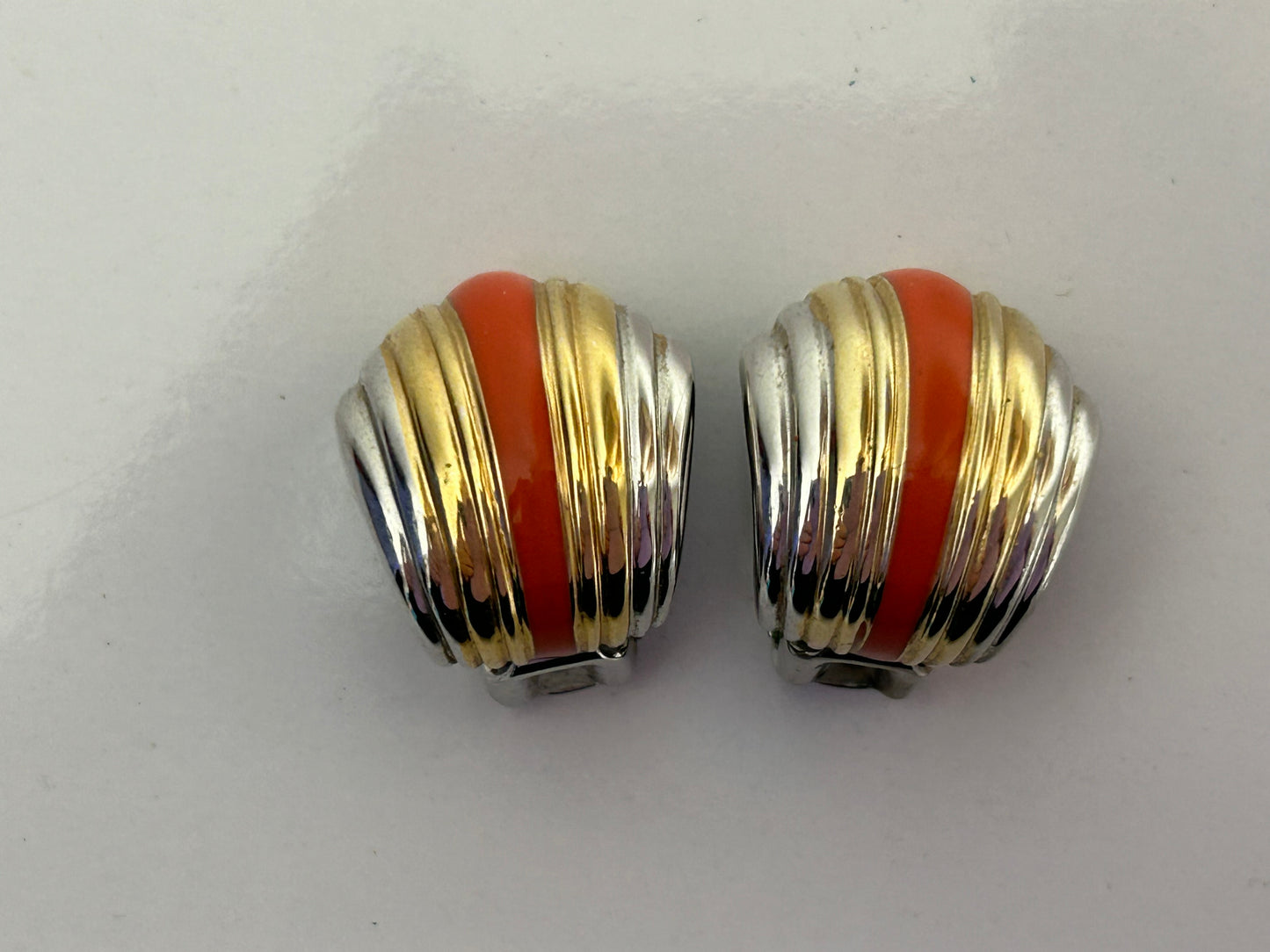 Vintage 1980s Silver & Gold Tones & Coral Enamel Art Dec Style Clip On Earrings