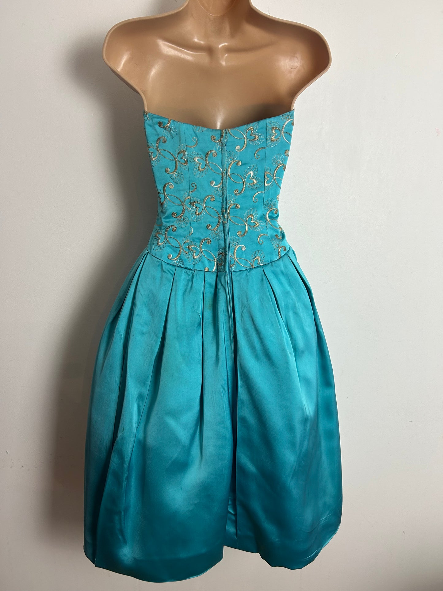 Vintage Early 1960s BERNARD FRERES Size 10 Turquoise Satin Embroidered Bodice Party Prom Occasion Dress