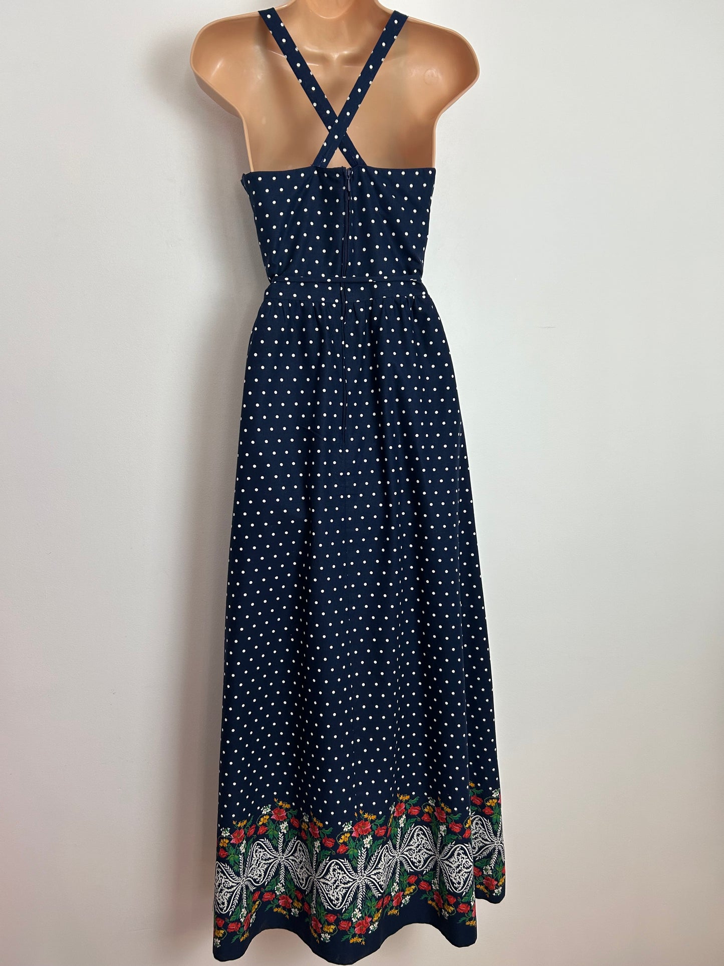 Vintage 1970s BETTY BARCLAY Size 6 Navy Blue & White Polka Dot Cross Strap Cotton Mix Maxi Dress