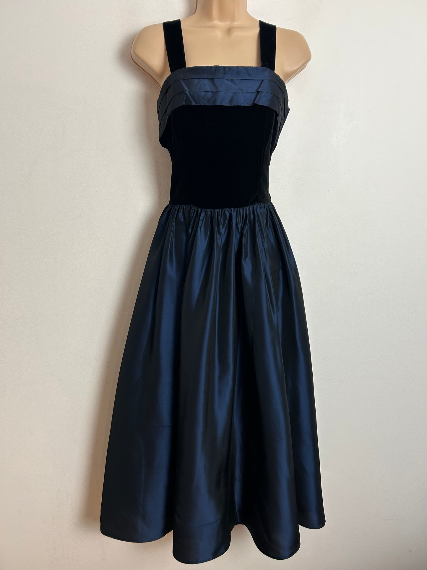 Vintage 1980s LAURA ASHLEY UK Size 10-12 ( Size 16 On Label) Midnight Blue & Black Party Dress