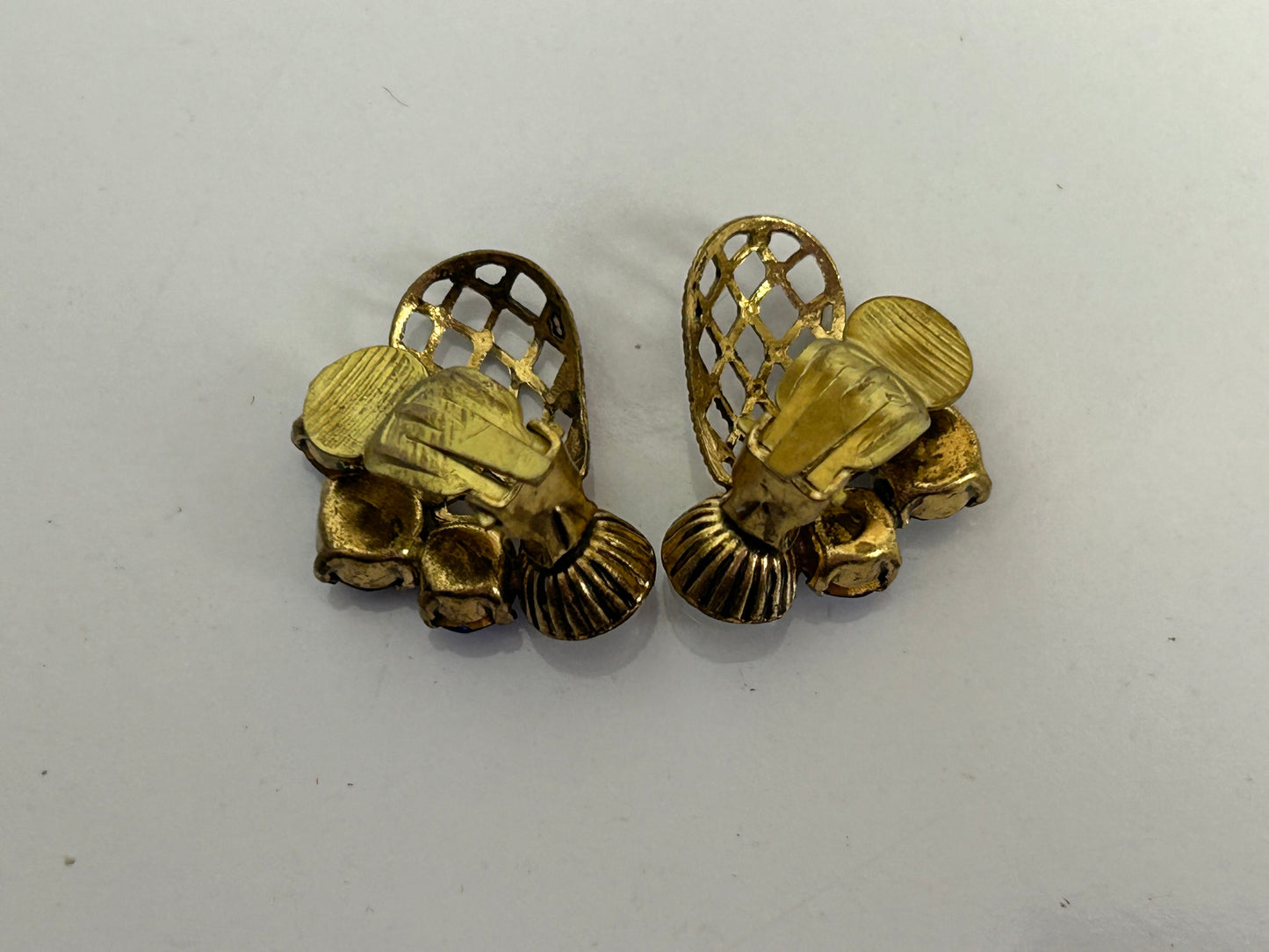 Vintage 1960s Beautiful Gold Tone Diamante & Faux Pearl Butterfly Wing Clip On Earrings