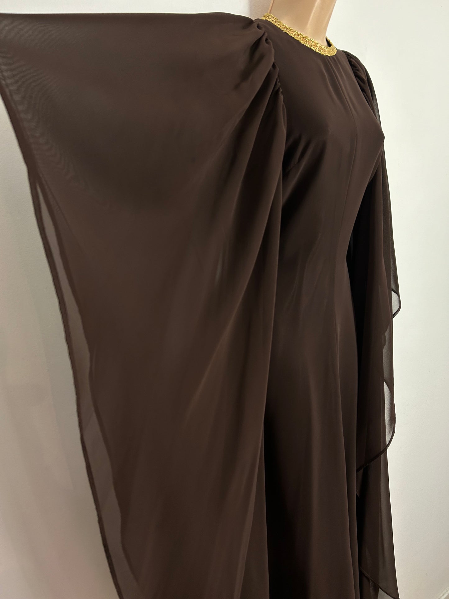 Vintage Late 1960s FIONA UK Size 10 Chocolate Brown Gold Braid Trim Very Wide Floaty Sleeve Occasion Maxi Dress