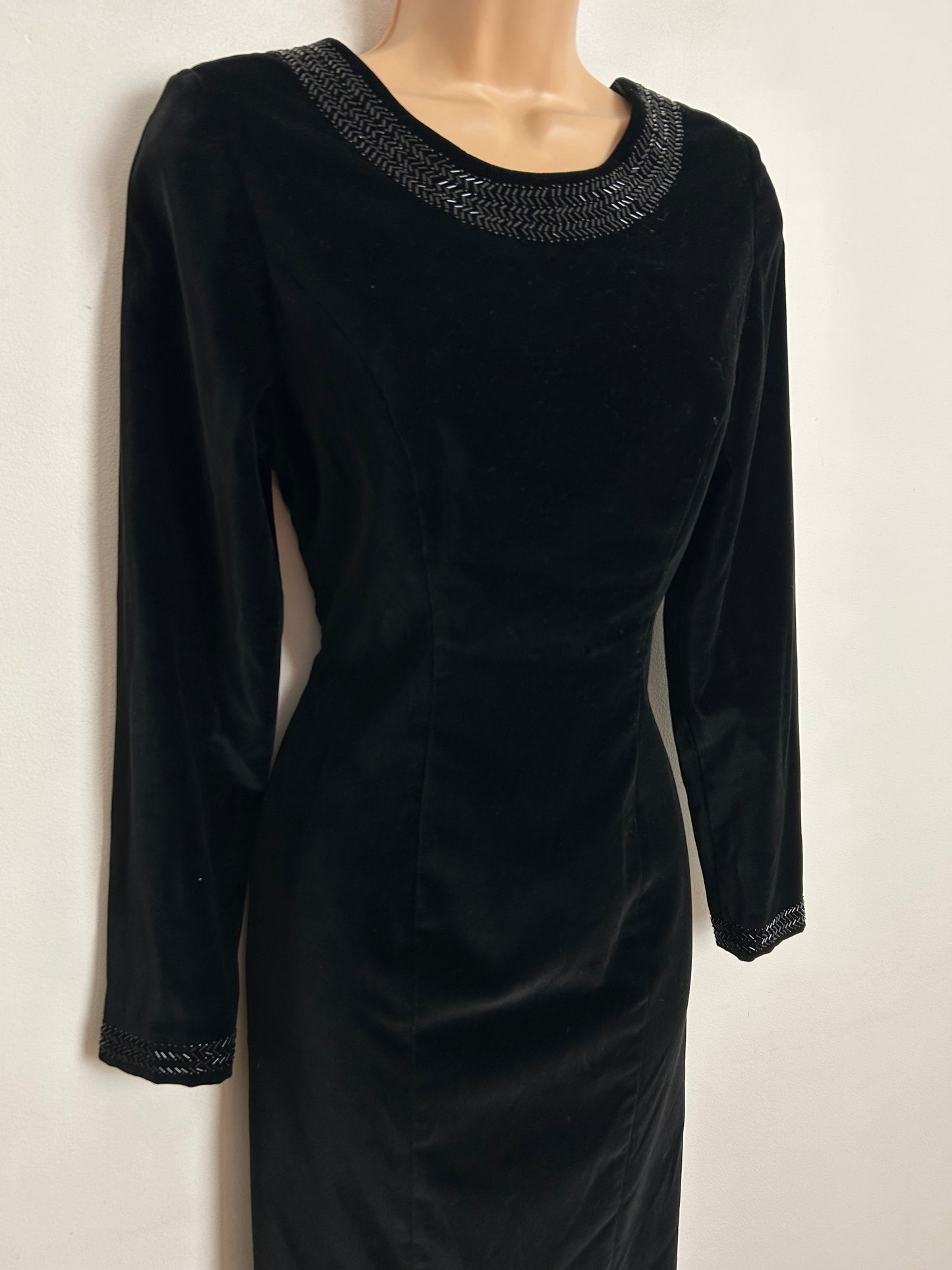 Vintage 80s 90s LAURA ASHLEY UK Size 8 Black Velvet Beaded Scooped Back Fitted Wiggle Dress