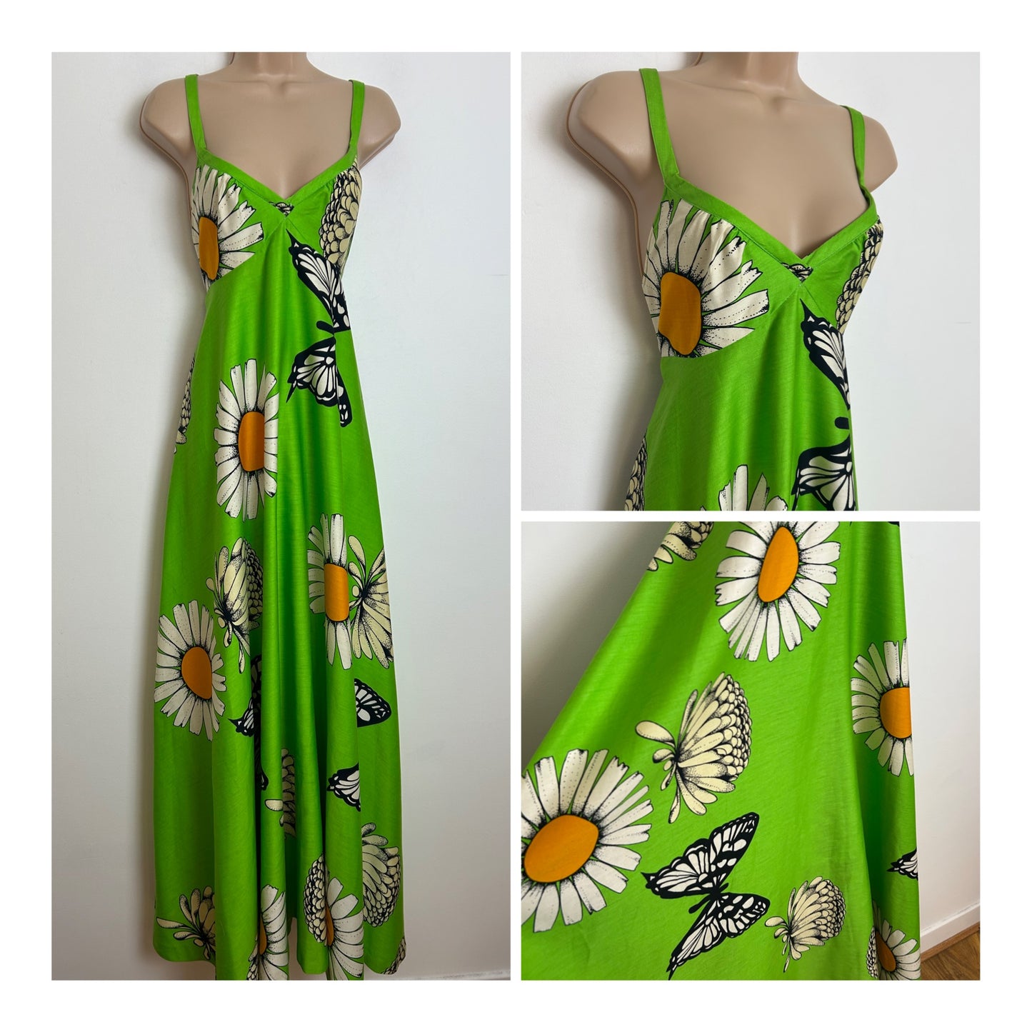 Vintage 1970s RARE FENNO SPORT FINLAND Size 10 Lime Green Butterfly & Daisy Print Cotton Maxi Dress