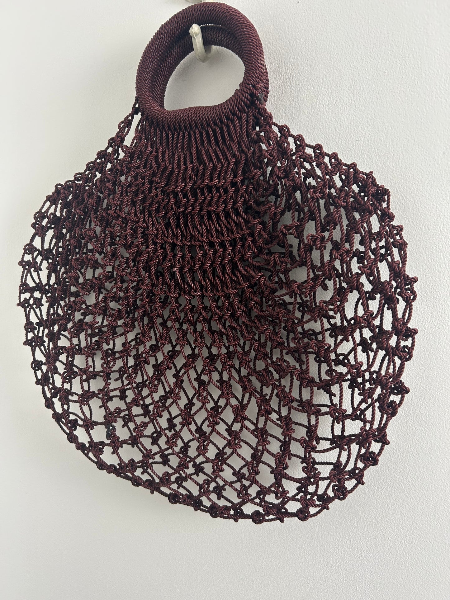 Vintage 1960s Dark Burgundy Macrame Knotted Style Plastic Handled Shopping Bag