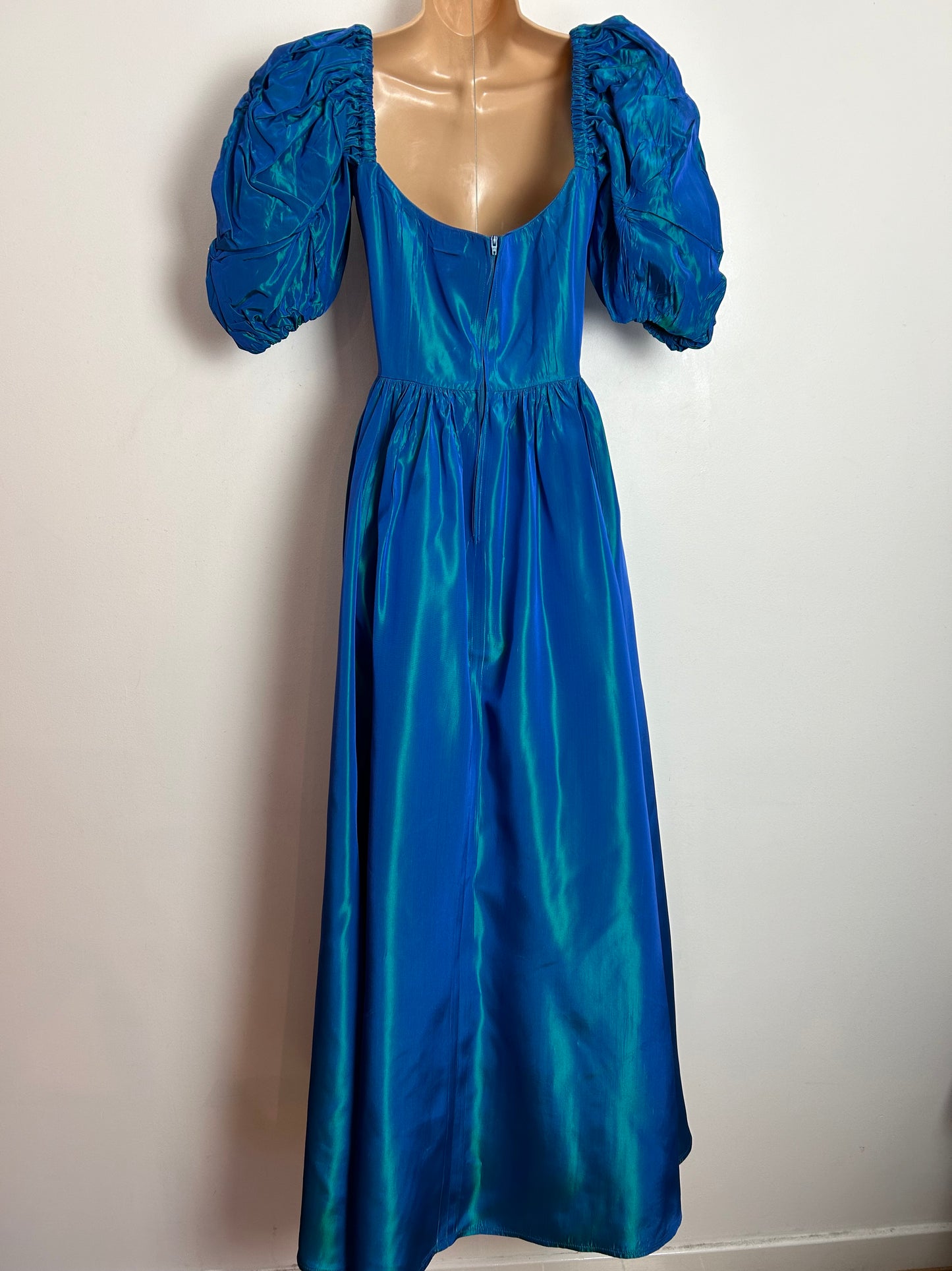 Vintage 80s LAURA ASHLEY UK Size 8-10 (Size 14 On Label) Petrol Blue Iridescent Short Puffed Sleeve Maxi Length Ballgown Occasion Dress