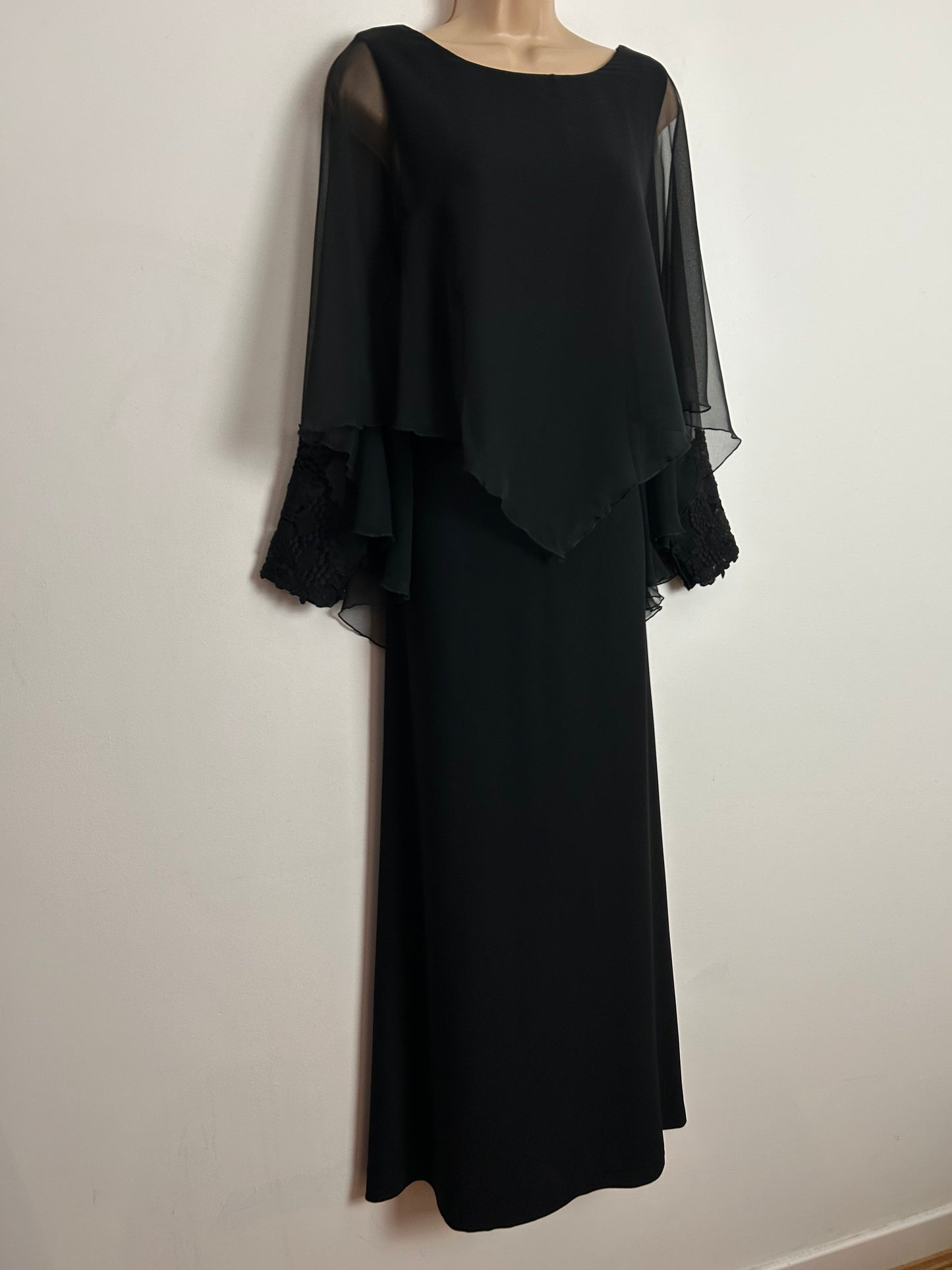 Vintage 1970s UK Size 12 Black Chiffon Cuffed Capelet Occasion Evening Maxi Dress