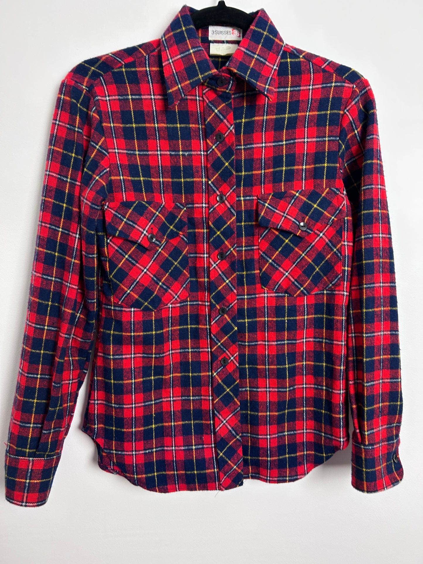 Vintage 1980s 3 SUISSES UK Size 8 Red & Blue Tartan Check Pocket Detail Long Sleeve Shirt
