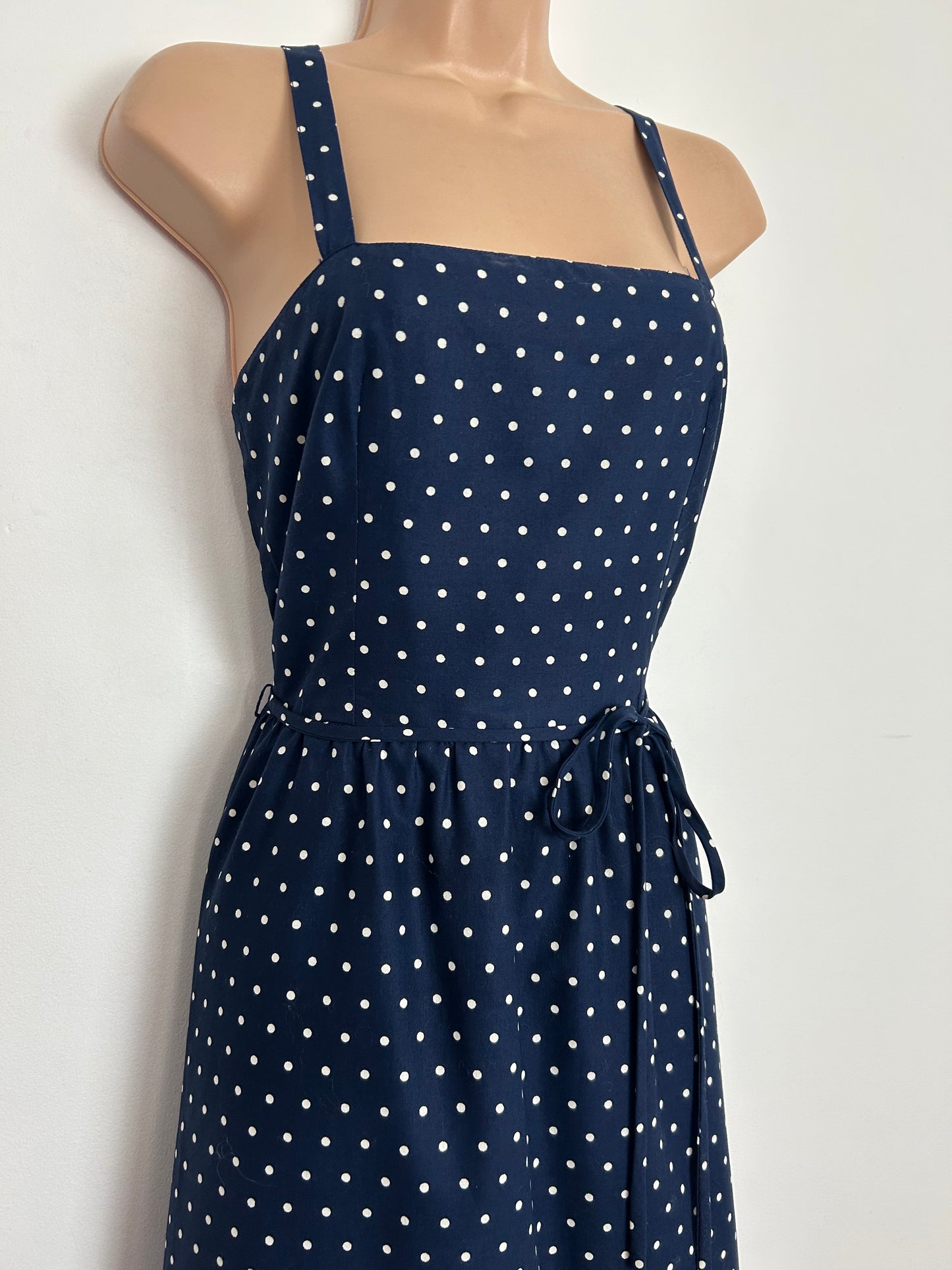 Vintage 1970s BETTY BARCLAY Size 6 Navy Blue & White Polka Dot Cross Strap Cotton Mix Maxi Dress