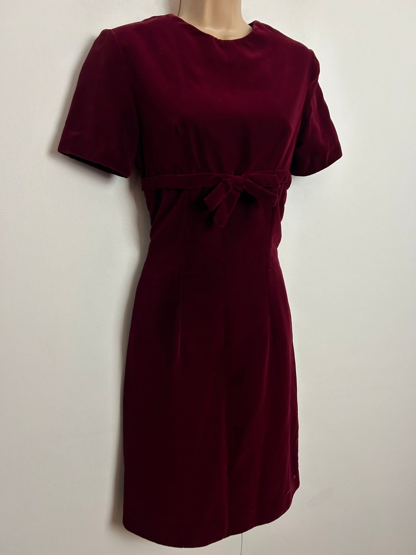 Vintage 1960s UK Size 10 Claret Red Velvet Short Sleeve Bow Detail Christmas Dress