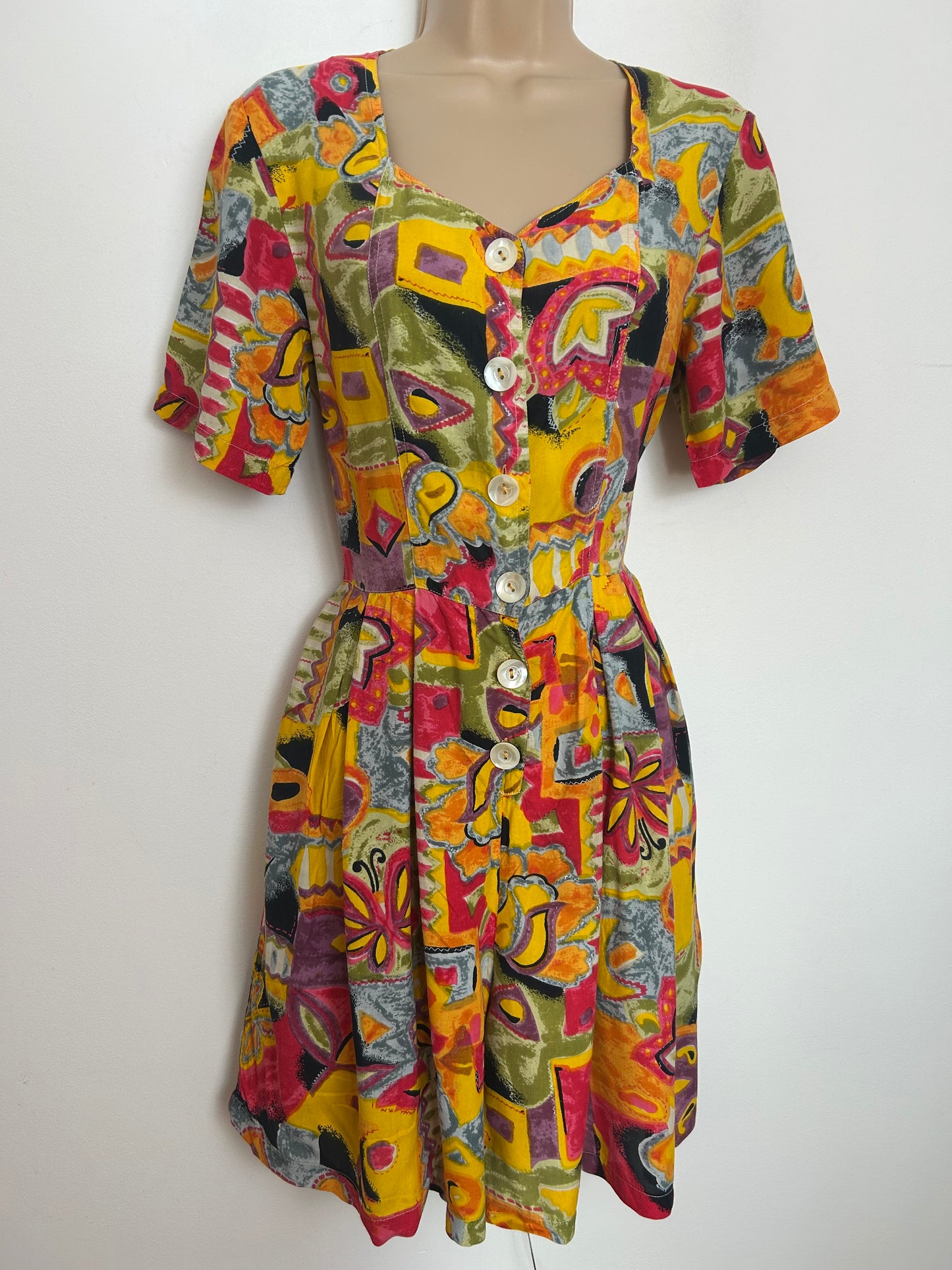 Vintage 1980s RENE DERHY Size 8 (Small) Yellow Orange Pink & Purple Abstract Print Cute Romper Playsuit