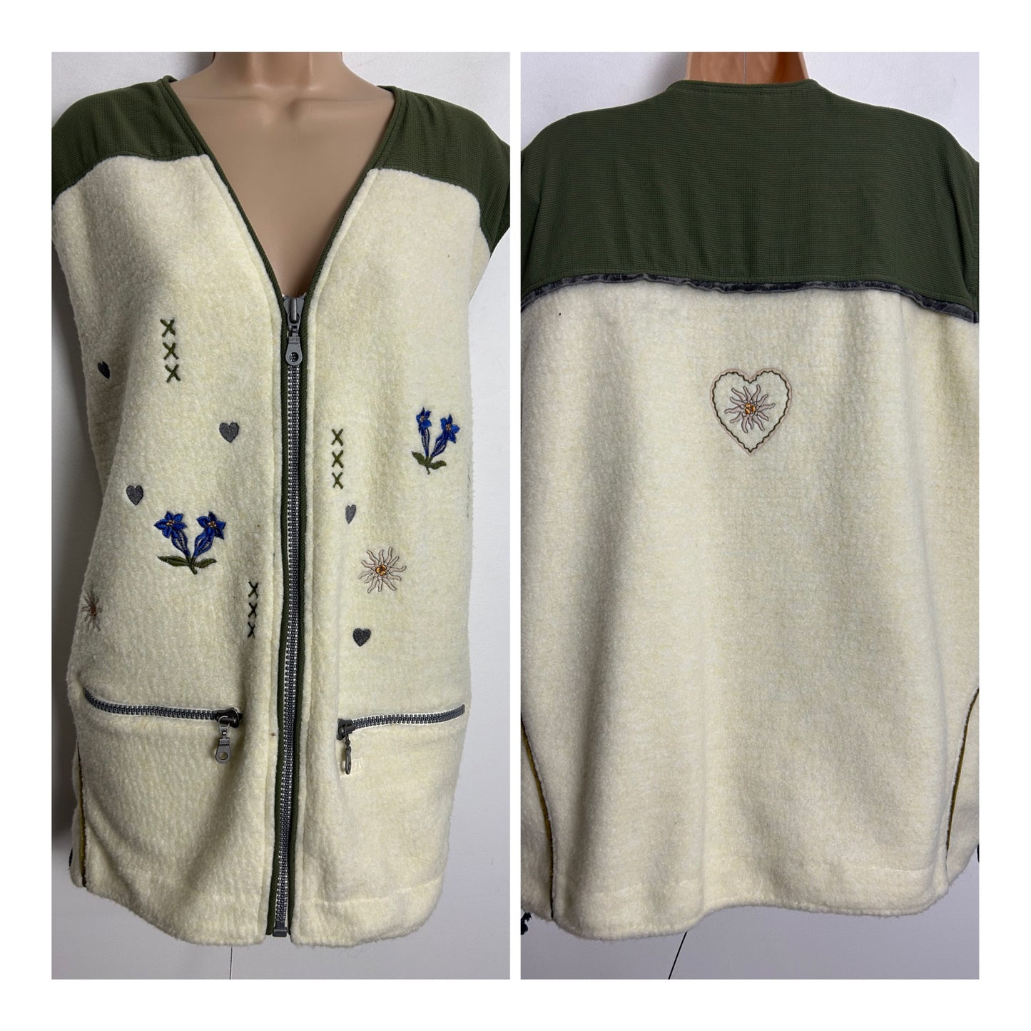 Vintage 1980s Size XL CANYON ACTIVEWEAR Cream & Green Edelwiess Flower Pattern Gilet
